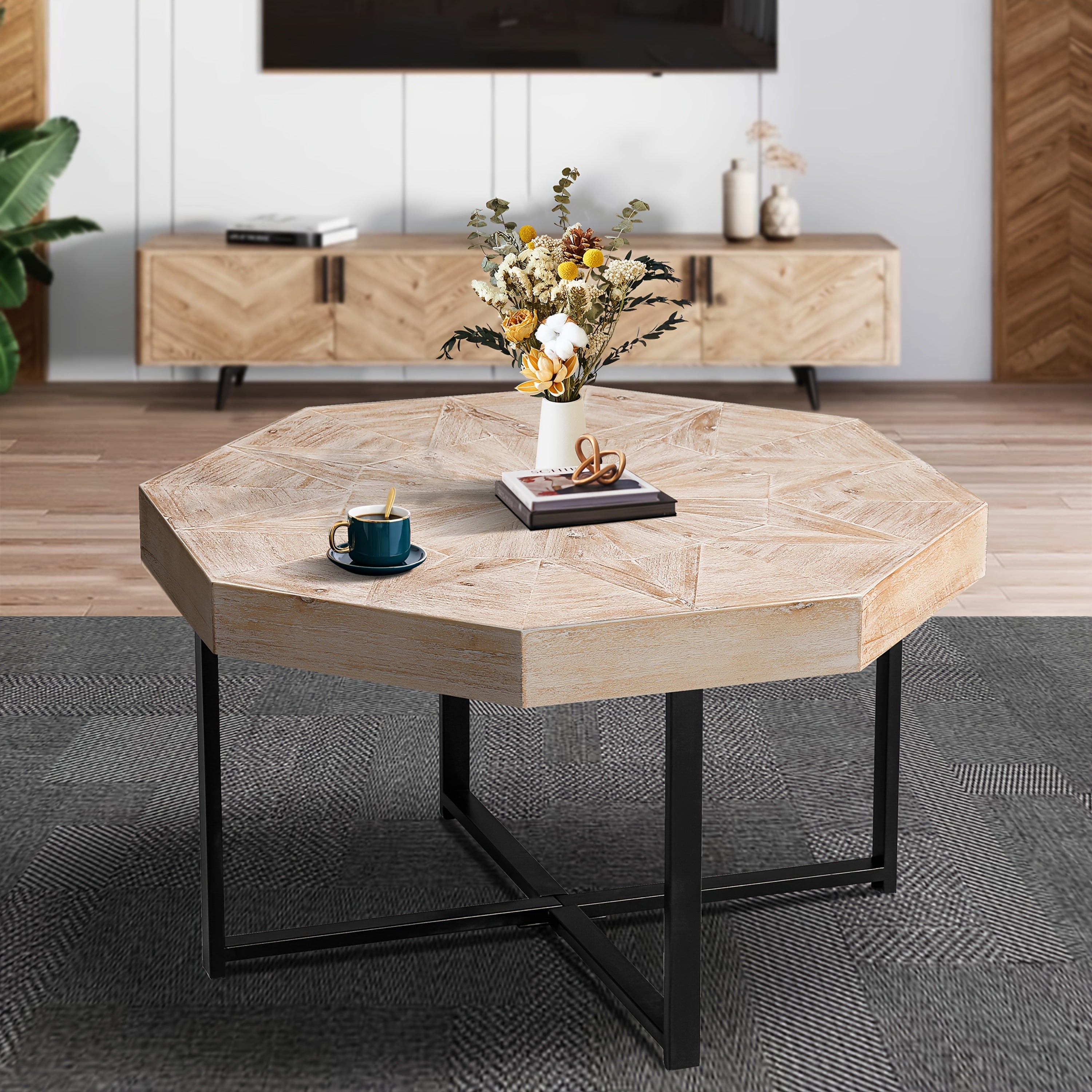 Octagonal Coffee Tea Table, Wooden Patchwork Style, Cross Metal Legs, Suitable for Patio, Balcony Living Room Tea Table