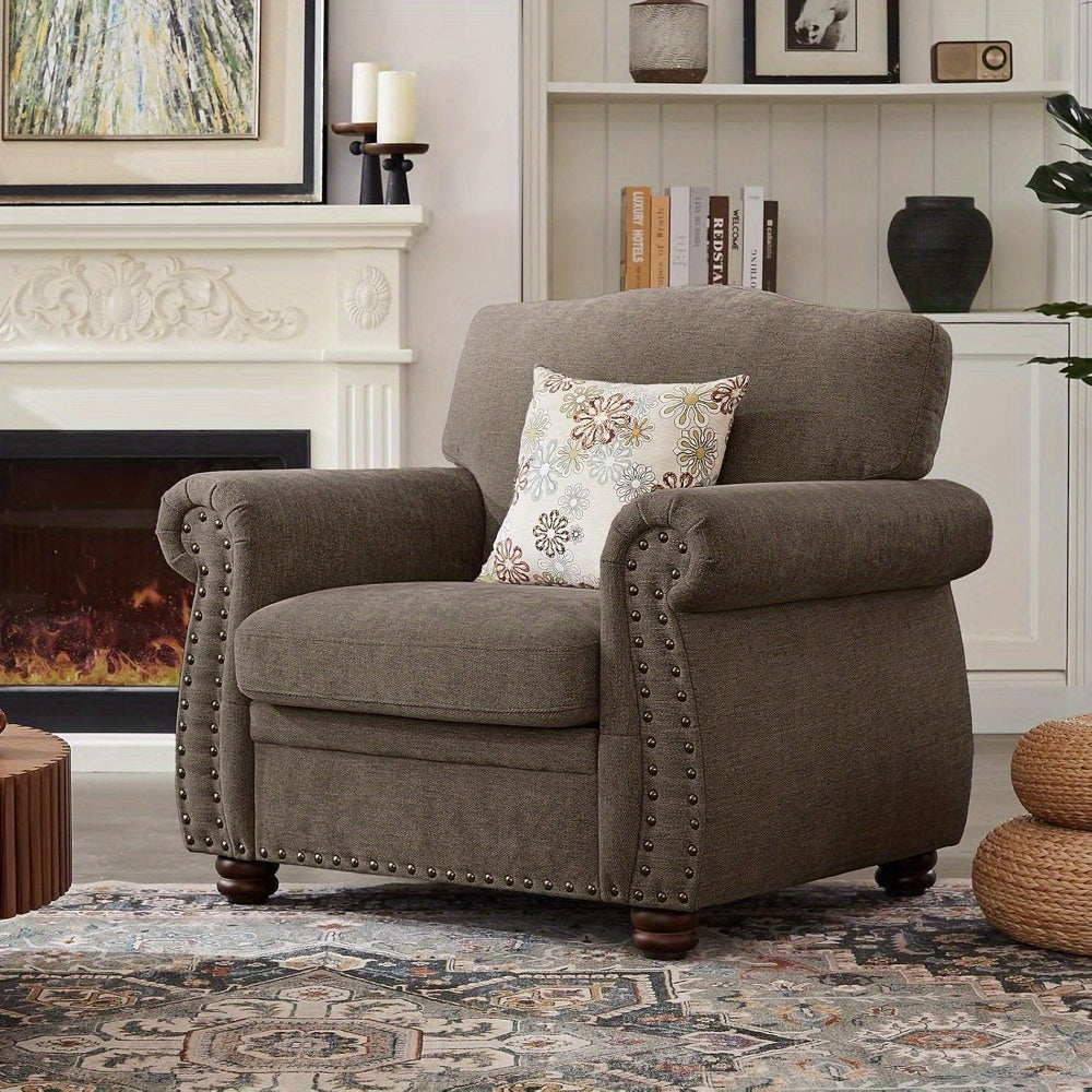 Elegant Brown Chenille Accent Chair with Nailhead Trim - Comfy Rolled Arm Club Sofa, Spring-Loaded Cushions & Solid Wood Legs - Ideal for Living Room, Bedroom, Farmhouse Decor, Living Room Furniture