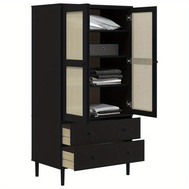 Wardrobe Rattan Look Black 35.4"x21.7"x68.9" Solid Pine