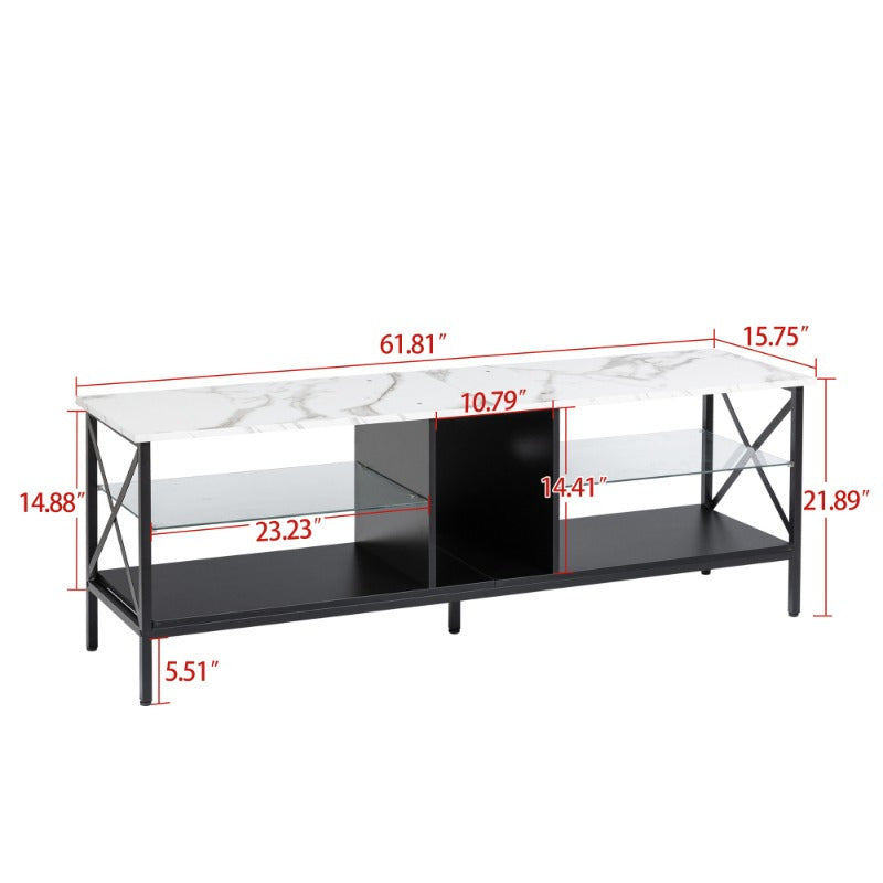 TV Stand, Iron TV Cabinet, Entertainment Center, TV Set, Media Console, with LED Lights, Remote Control, Toughened Glass Stand, Can Be Placed in The Living Room, Bedroom, Color:White with Marble Texture