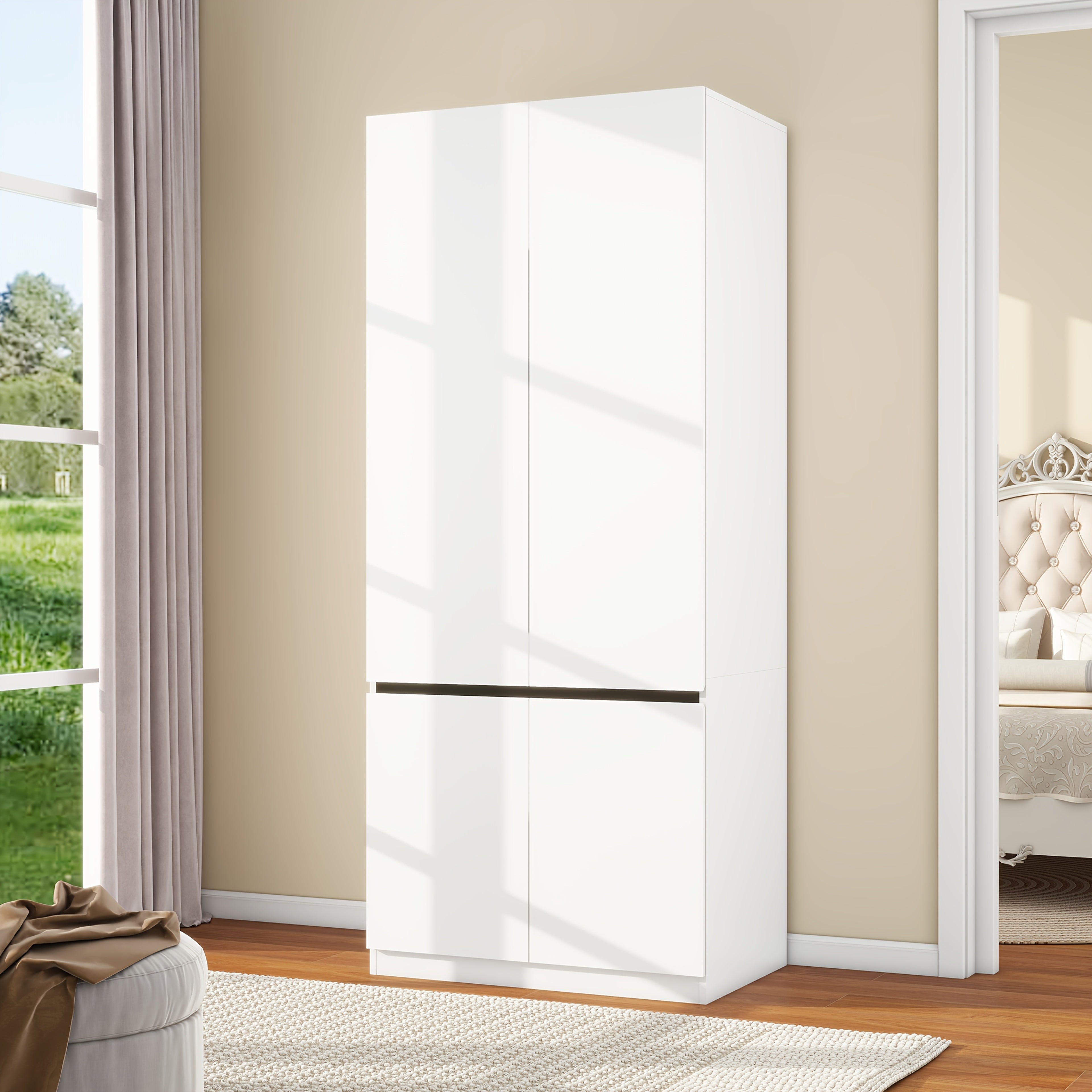 White Armoire Wardrobe Closet With 2 Doors, 75" Bedroom Wardrobe Closet For Hanging Clothes, Modern Wood Cabinet With Shelves, Wardrobe Storage Closet System