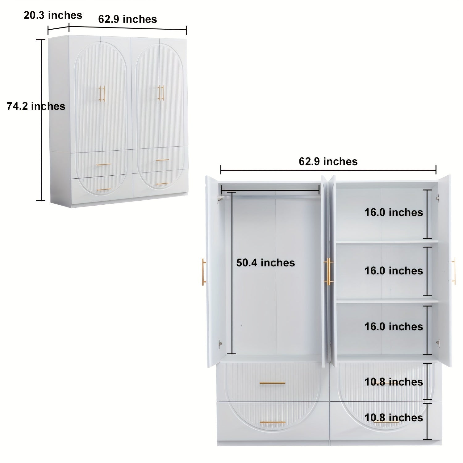 Wardrobe Closet With Doors- 4 Door Wood Wardrobe Bedroom Closet With Clothing Rod Inside Cabinet, 4 Drawers For Storage, Bedroom Armoire Wardrobe Closet, 63" L X 20.4" W X 74.2" H