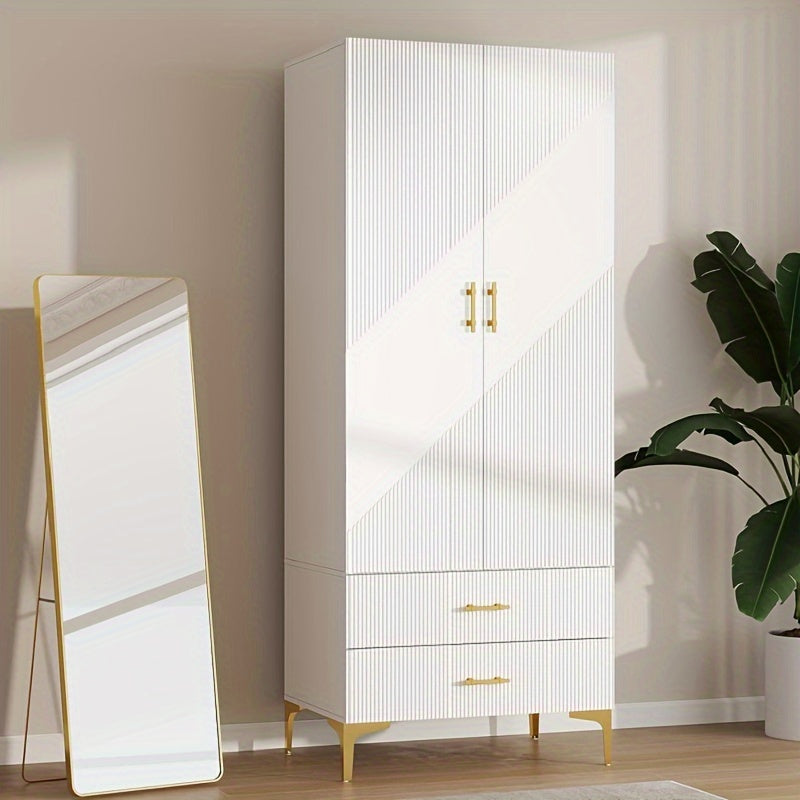 Modern Wooden Wardrobe Closet with Drawers, 2-Door Armoire, Hanging Rod, Metal Legs, Lockable Flat Door, Pine Wood Back, Floor Mount, Weather-Independent, with 20.4" D x 31.5" W x 76.8" H for Storage