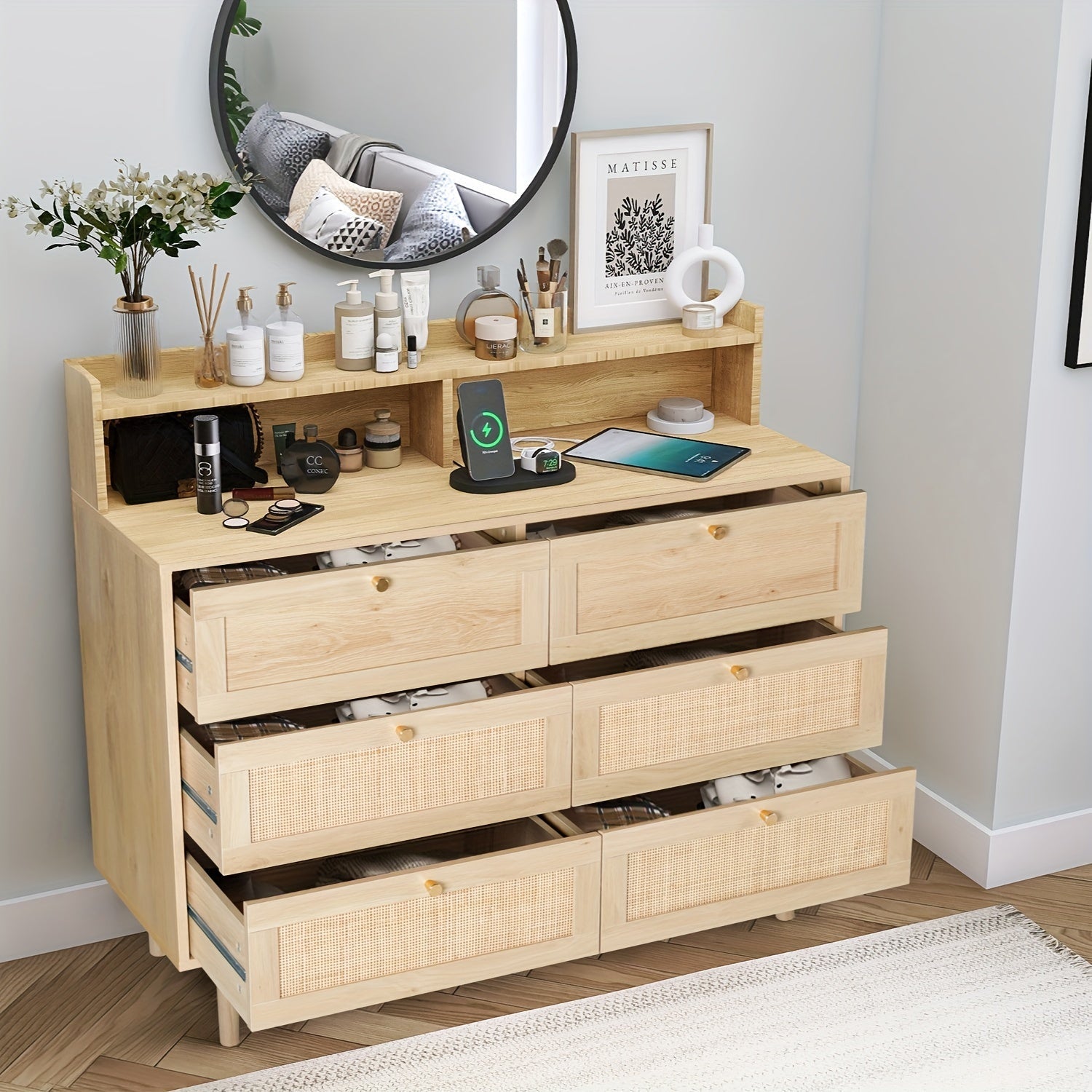 Rattan 6 Drawer Bedroom Dresser With Charging Stand And Shelf