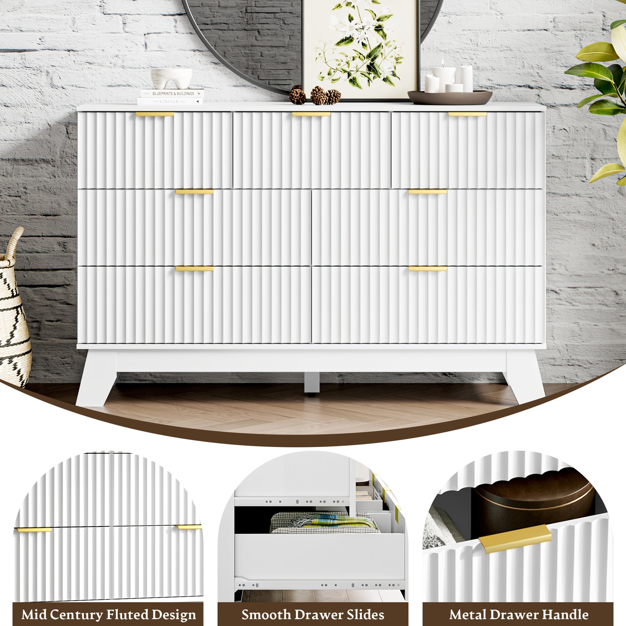 Elegant 7-Drawer White Wood Dresser with Golden Handles - Modern Fluted Design, Medium-Density Fiberboard, Sleek Black Interior for Bedroom & Entryway Storage, Dresser for Bedroom, HUANLEGO