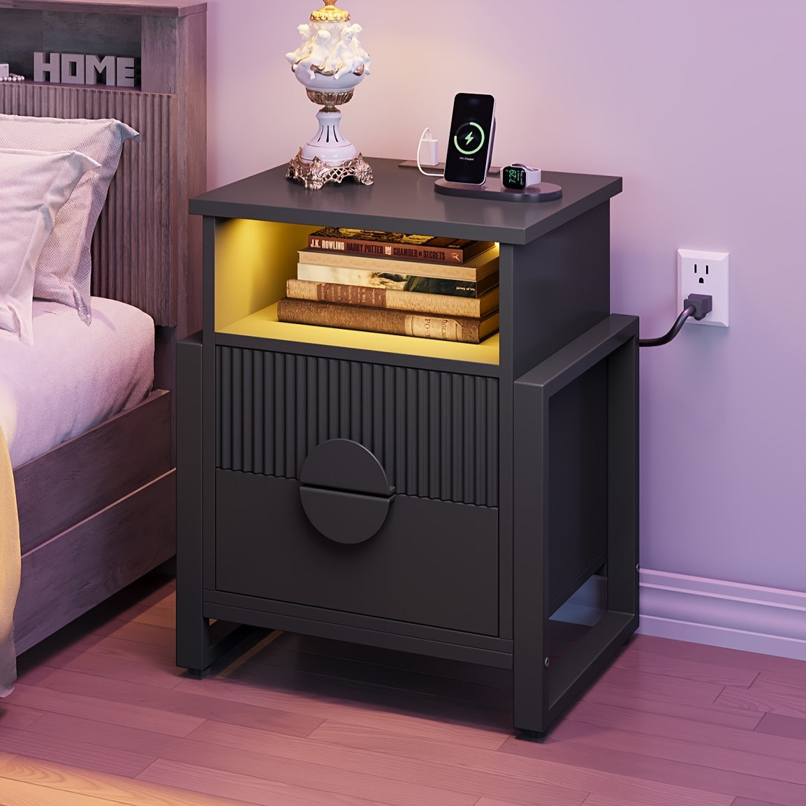 Modern Nightstand with Charging Station & LED Lights, Fluted Bedside Table with 2 Drawers, End Table for Bedroom, Living Room, Black/Gray