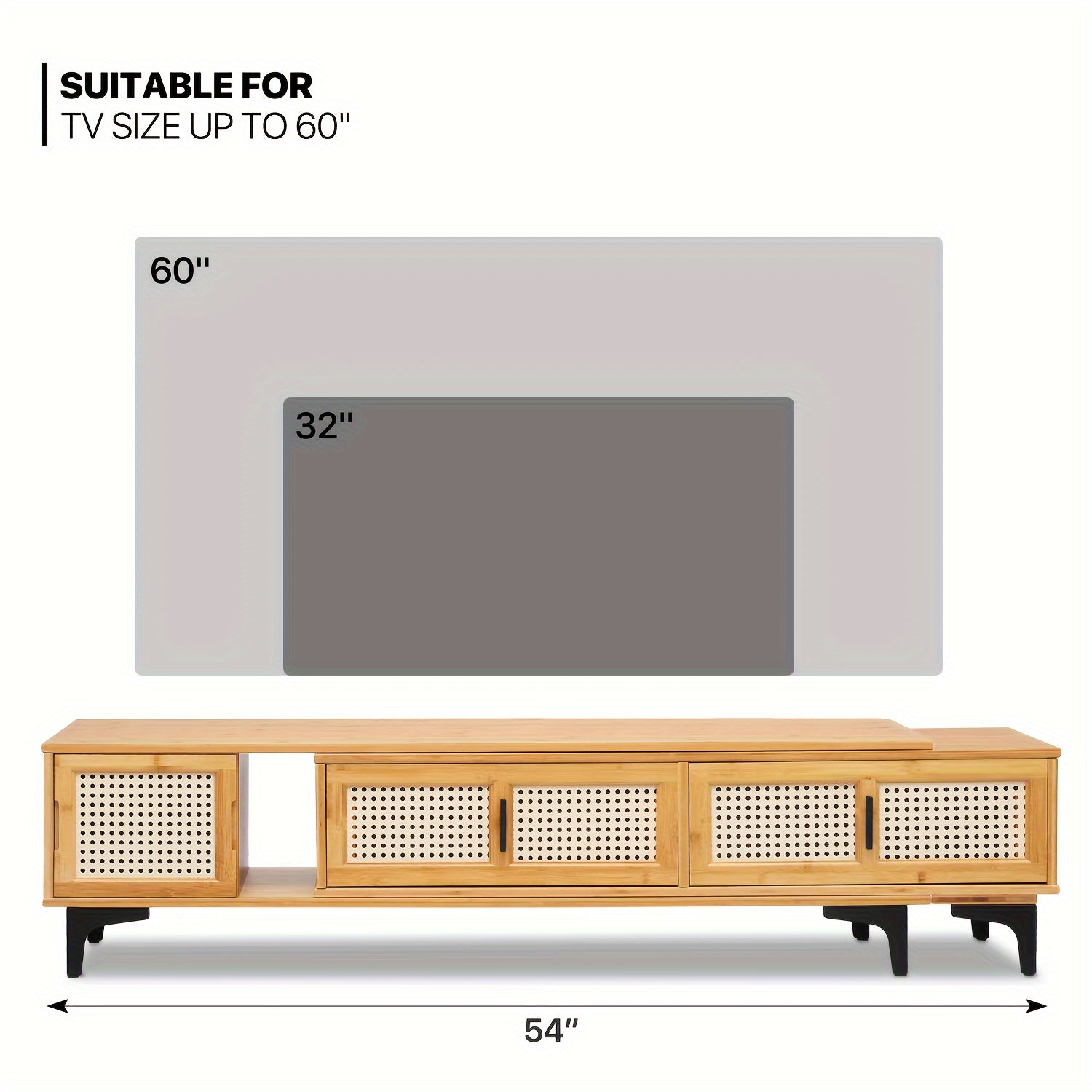 82.5" Boho Vibe Entertainment Center for 60 Inch TV, Low Profile TV Stand with Storage, Rattan Pattern Door Extendable Bamboo Long Media TV Console for Living Room Media Room