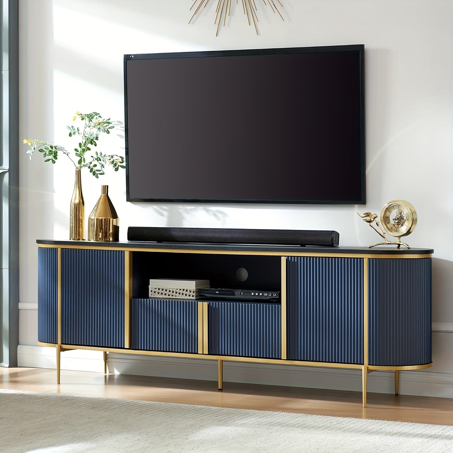 Luxury 178cm Fluted TV Stand Modern Chic Entertainment Center for TVs Up to 80 Inches TV Console with Faux Marble Top