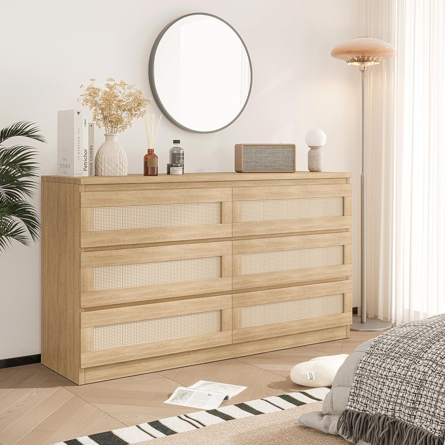 Rattan Dresser for Bedroom, 6 Drawer Double Dresser for Bedroom with Smooth Mental Slide, Modern Wood Chest of Drawers for Bedroom, Living Room, Hallway, Natural