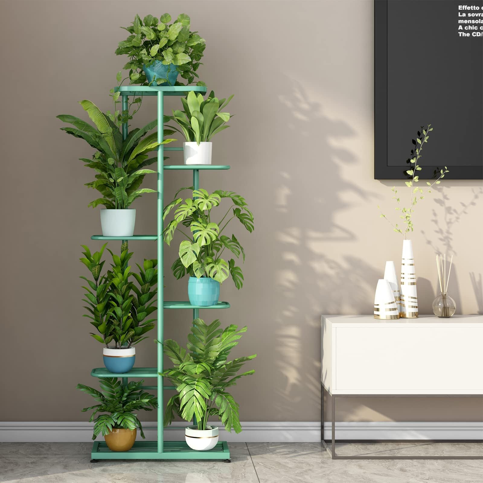 6-Tier Metal Plant Stand for 7+ Pots - Versatile Indoor & Outdoor Display Shelf in White, Bronze, Dark Grey, Light Green - Durable, Easy Assembly, Ideal for Patio, Garden, Corner, Balcony, Living Room Decor, Multiplan