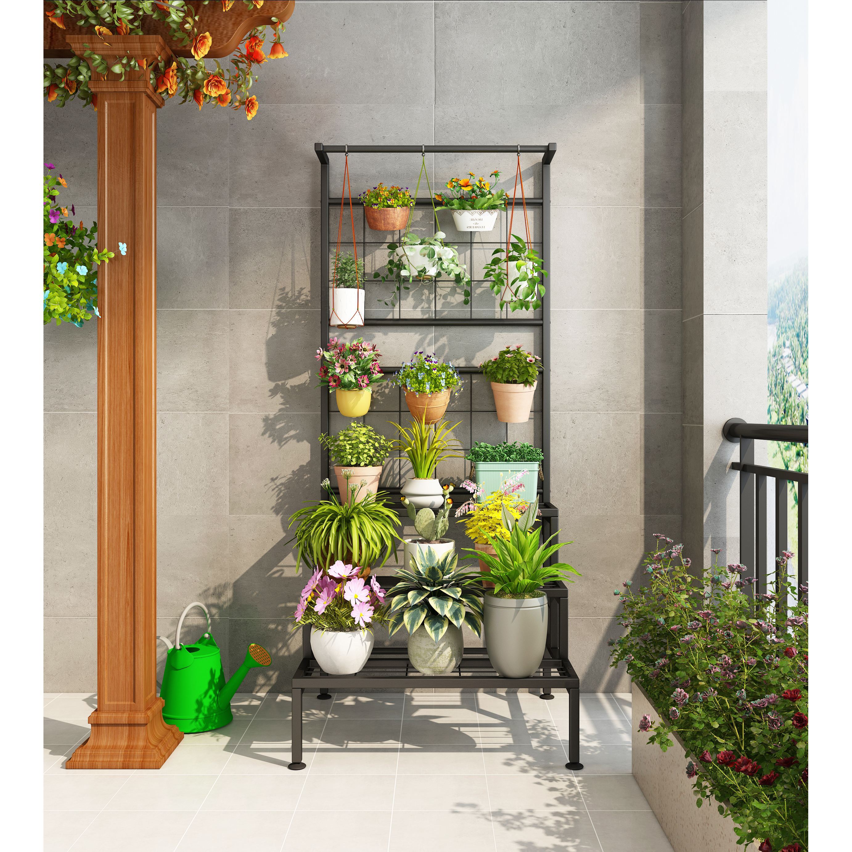 Plant Stand 3-Tier Hanging Shelves Flower Pot Organizer Multiple Flower Display Holder Indoor Outdoor Heavy Duty Potted Planter Rack Unit with Grid Panel for Living Room