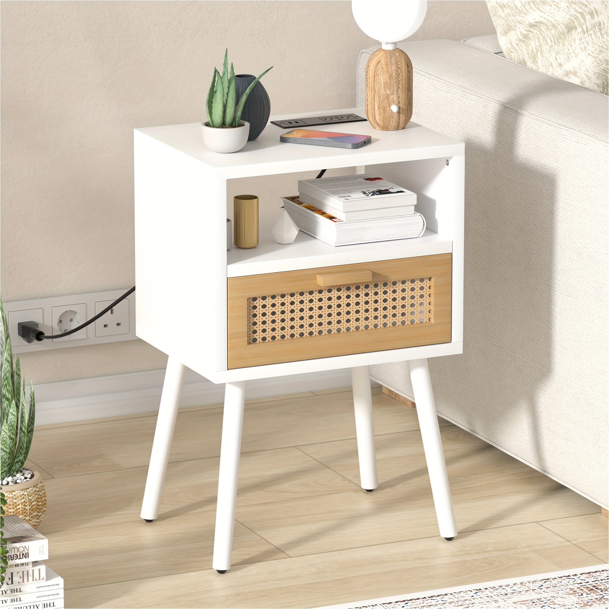 Rattan Nightstands End Side Table With Charging Station, Wooden Mid Century Modern Bedside Table With Storage Drawers For Bedroom Living Room