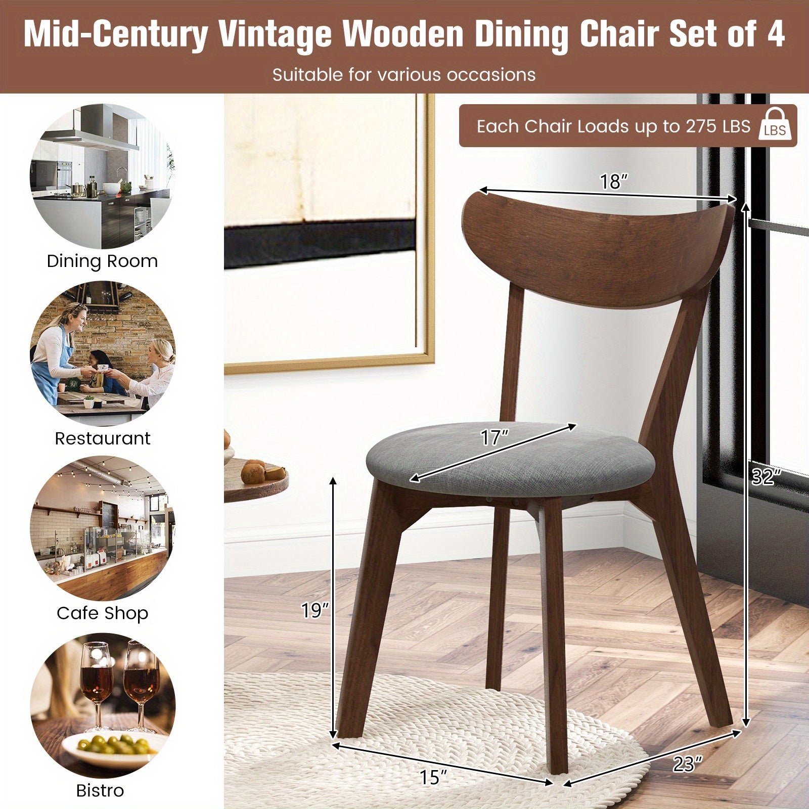 2pcs Dining Chair Upholstered Curved Back Side Chair with Solid Wooden Legs