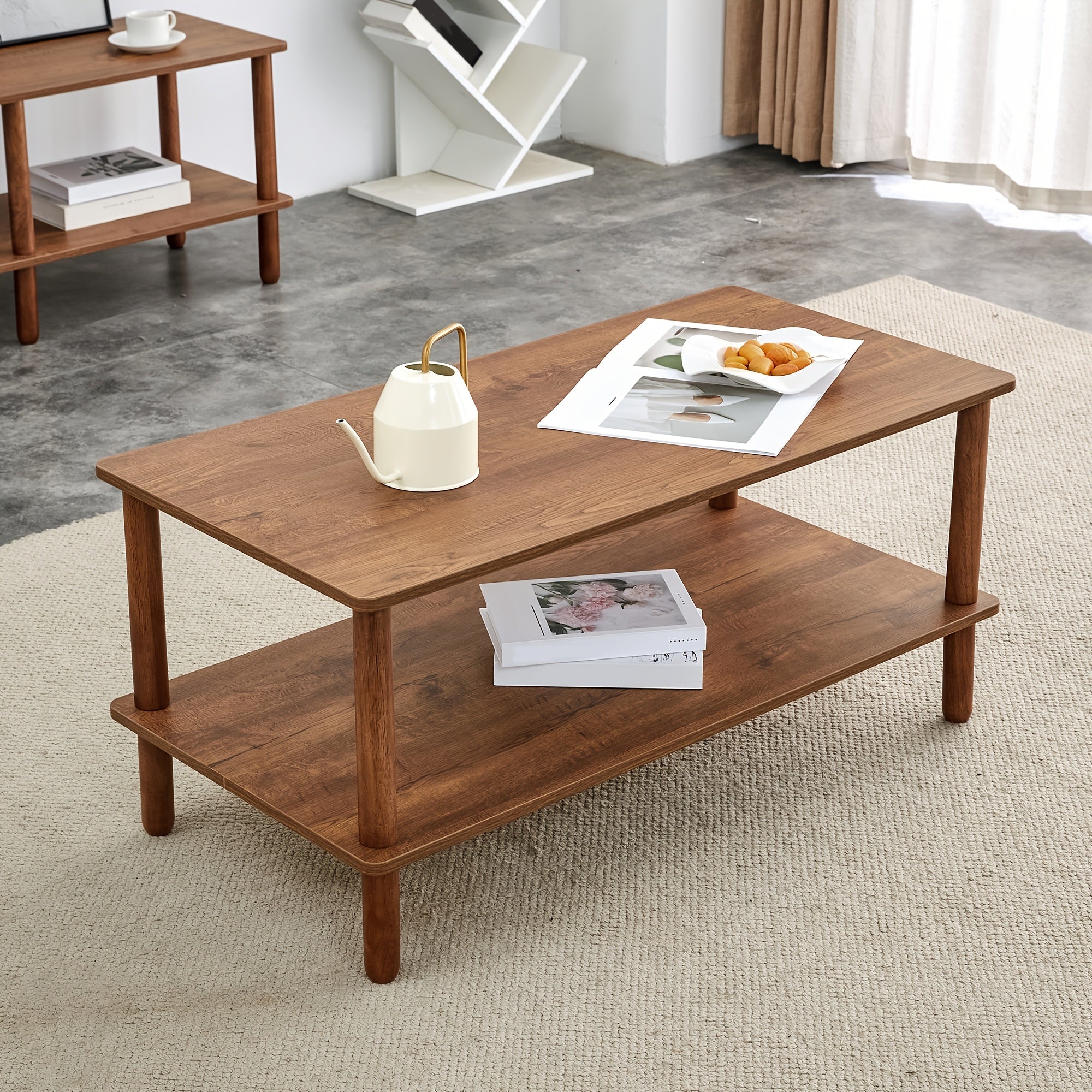 2-Tier Coffee Table For Living Room Walnut Wood Coffe Table With Open Storage Shelf Living Room Table Rectangular