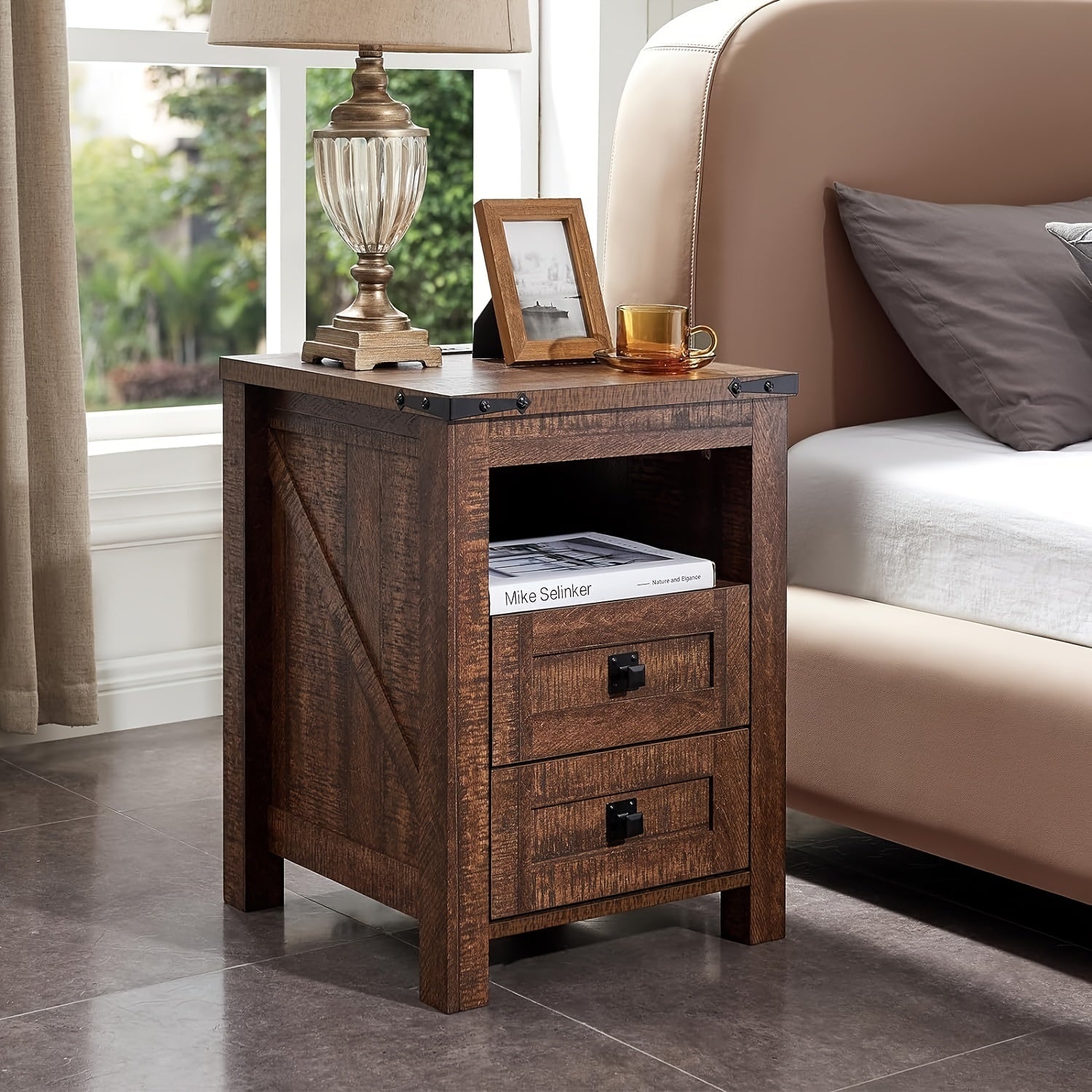 Bedside Table with Charging Station, End Table, Side Table with 2 Drawers Storage Cabinet for Bedroom, Living Room, Farmhouse Design