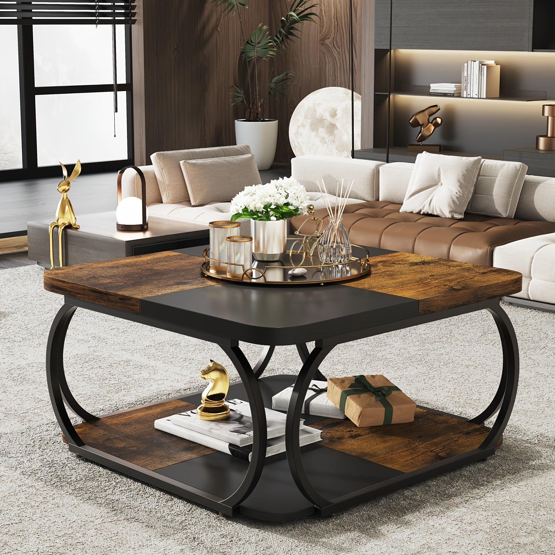 Square Coffee Table with 2 Tiers, 40 inches Low Farmhouse Coffee Table with Wood Storage Shelf Heavy Duty Metal Curved Frame for Modern Living Room