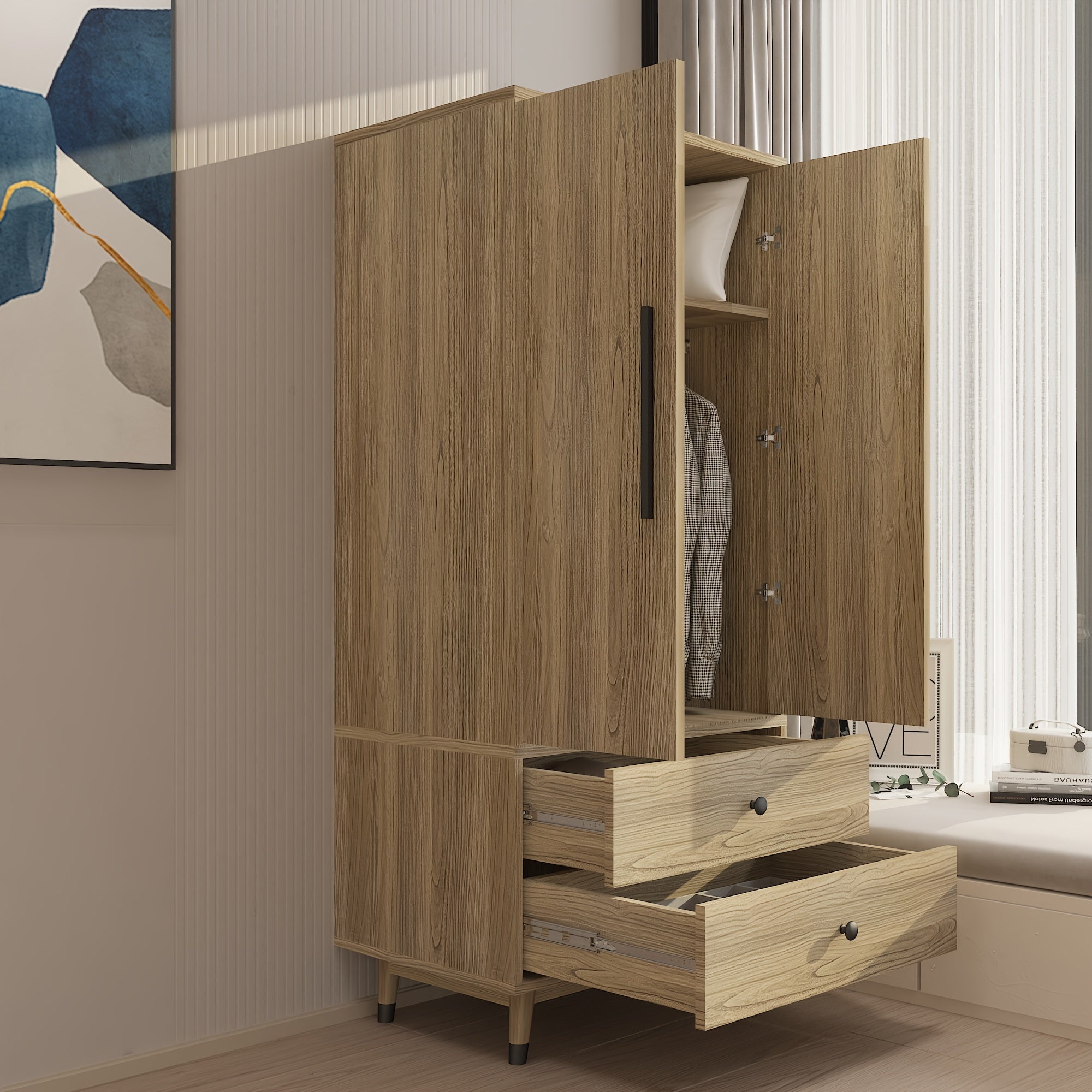 A complete set of density board with triamine oak color and black copper foot cover, 2 doors and 2 drawers, with clothes hanging rod, wooden wardrobe