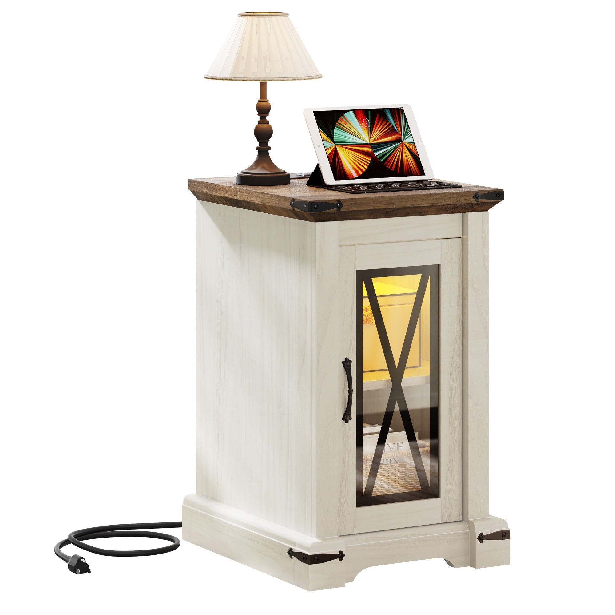 Farmhouse-Style Walnut End Table with RGB LED Lighting, USB Ports & Charging Station - Easy Assembly, Perfect for Bedroom or Living Room