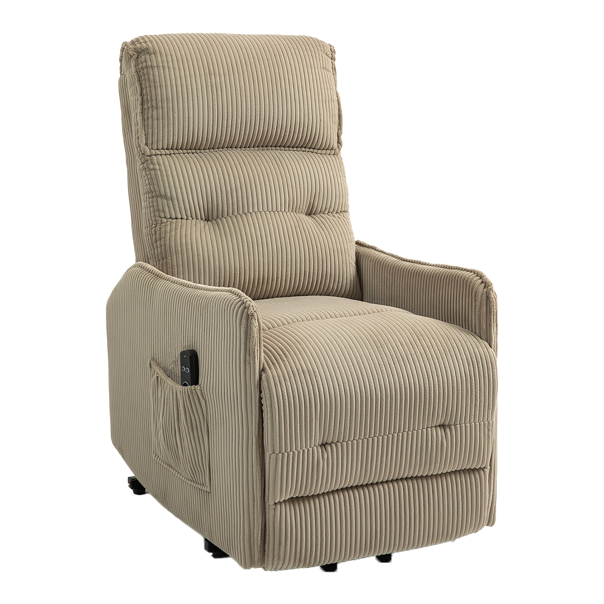 Plush Corduroy Power Lift Recliner Chair for Adults - Easy-to-Operate, Adjustable Height with Side Pocket, Ideal for Living Room, Bedroom, Home Theater - Comfortable Memory Foam, Solid Back, Gray