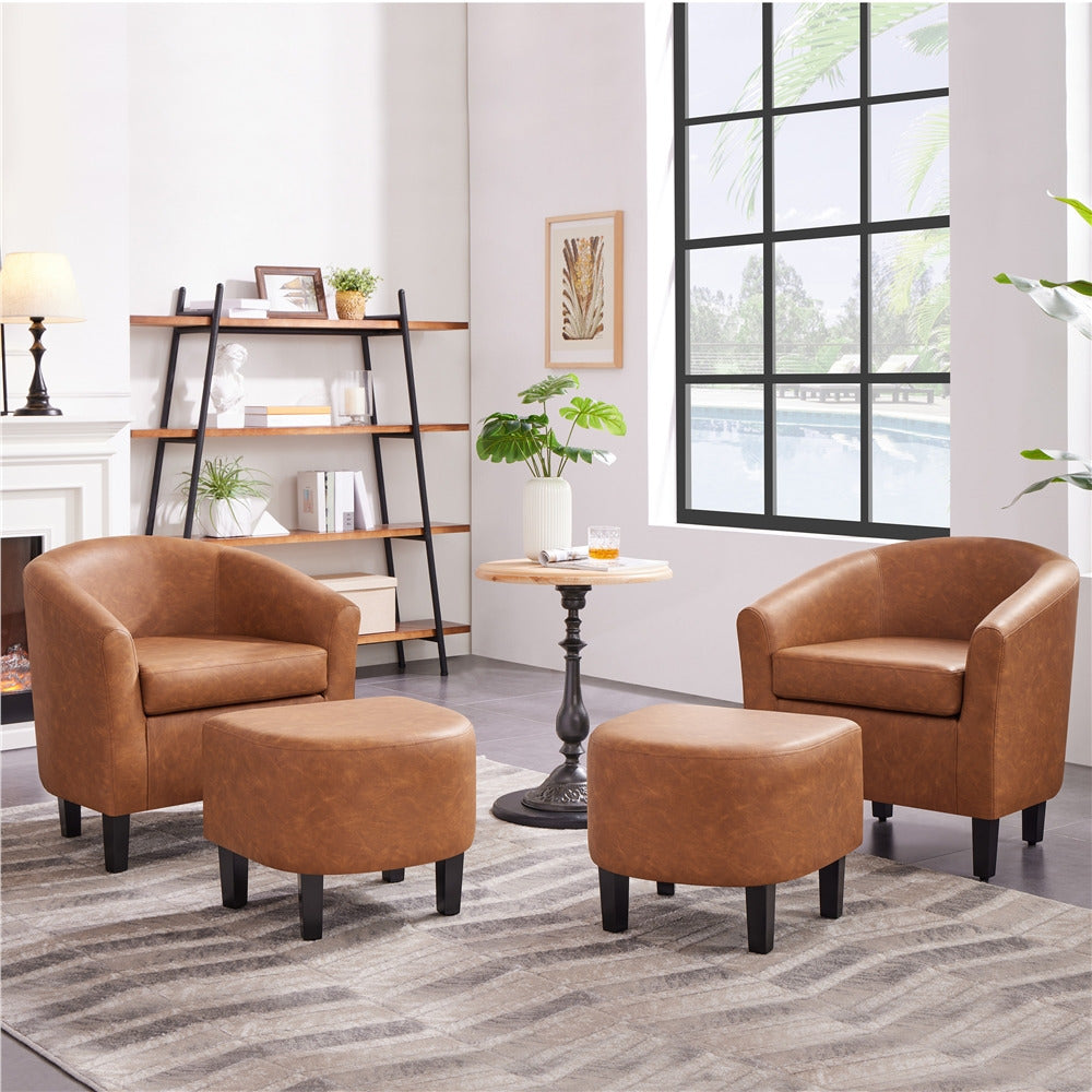 Barrel Chair and Ottoman Set with Boucle Fabric or Faux Leather Upholstery, Contemporary Club Chair with Ottoman, Accent Armchair with Footrest for Living Room, Bedroom, Guestroom, Stylish Upholstered Furniture Set i