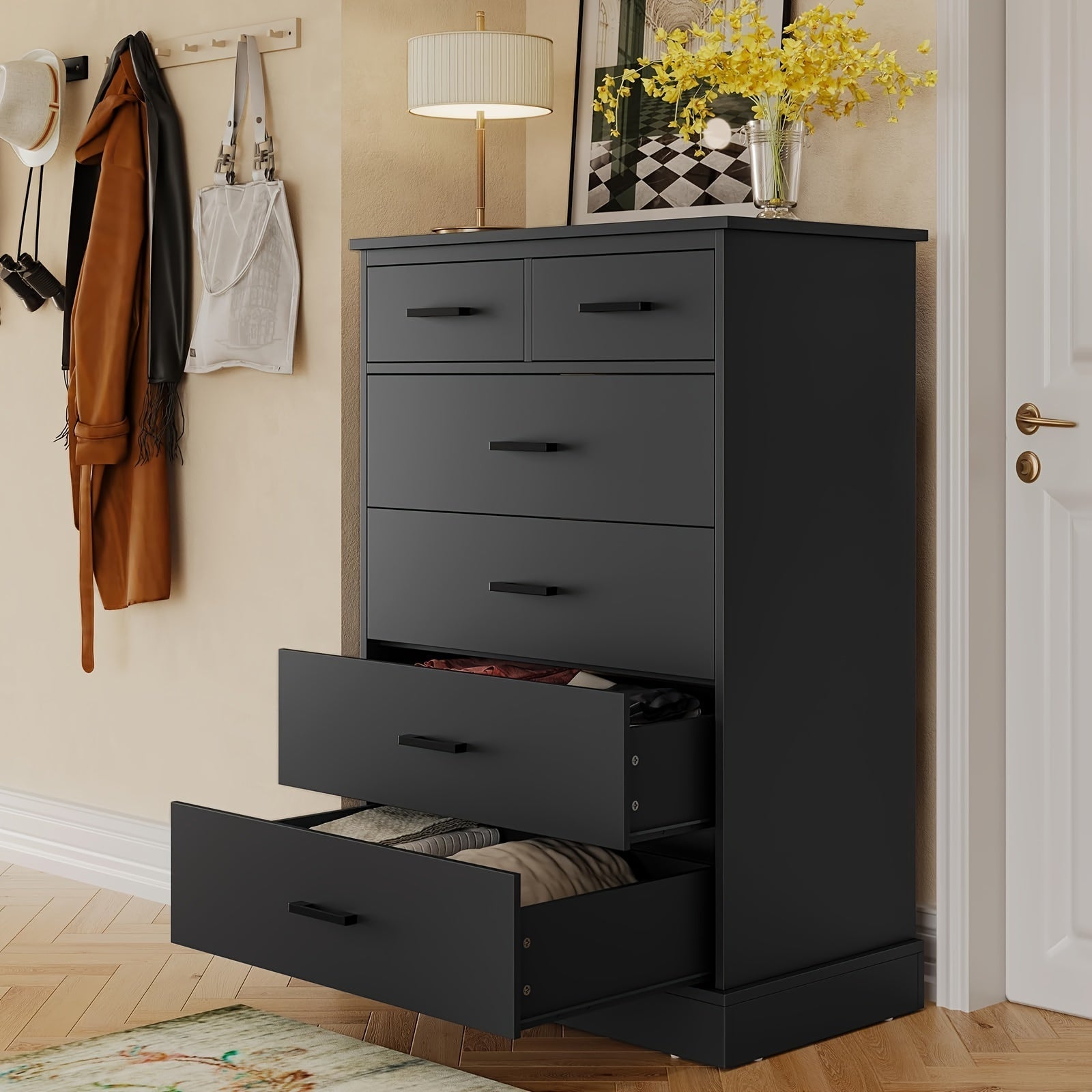 Bedroom Dressing Table 6 Drawer Chest Large Capacity Storage Cabinet Tall Dressing Table For Bedroom Hallway Entryway