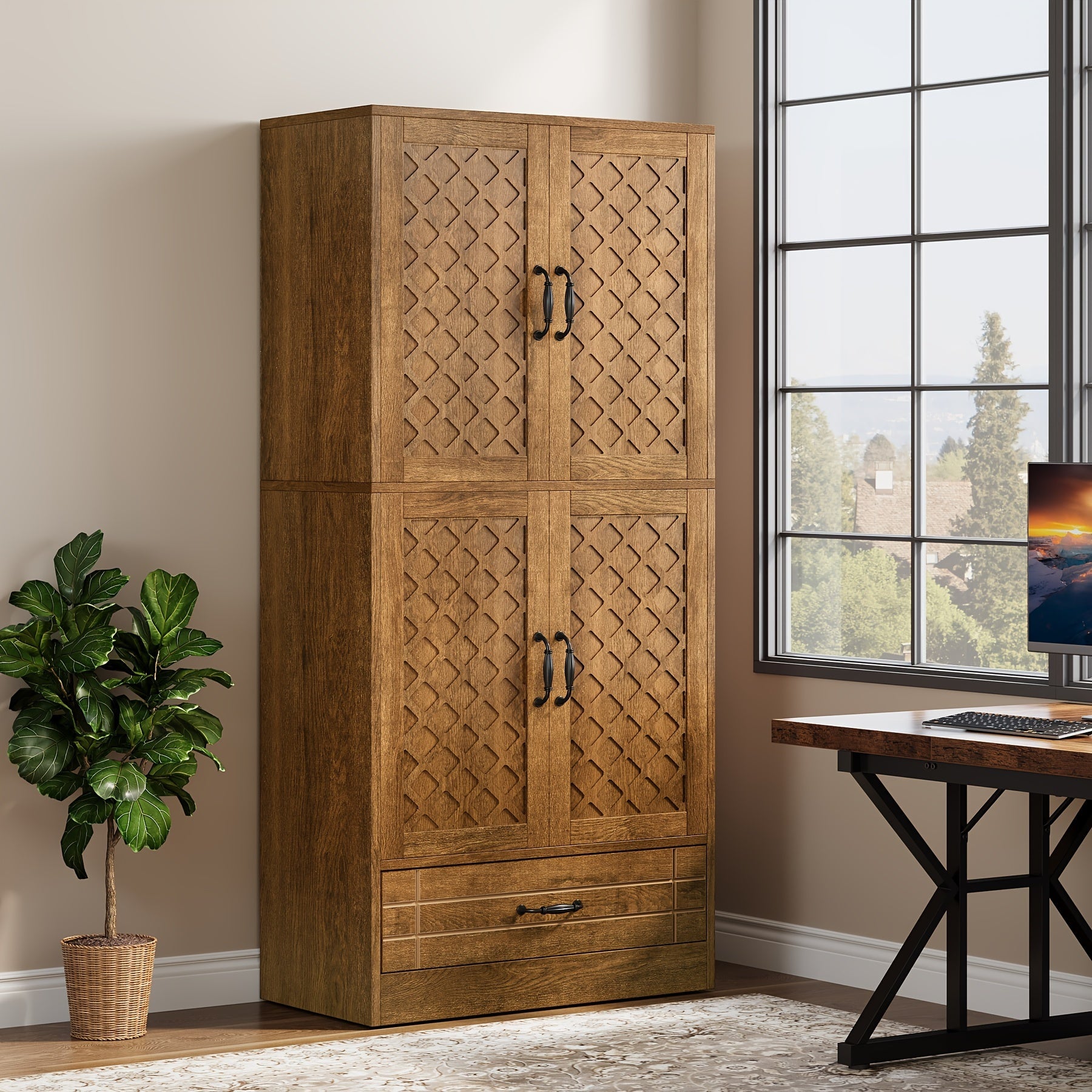 Rustic Brown 70" Wooden Bookshelf with Doors & Drawer - Sturdy Enclosed Storage Cabinet for Home Office, Living Room, Bedroom - Ideal for Christmas & Halloween Decor