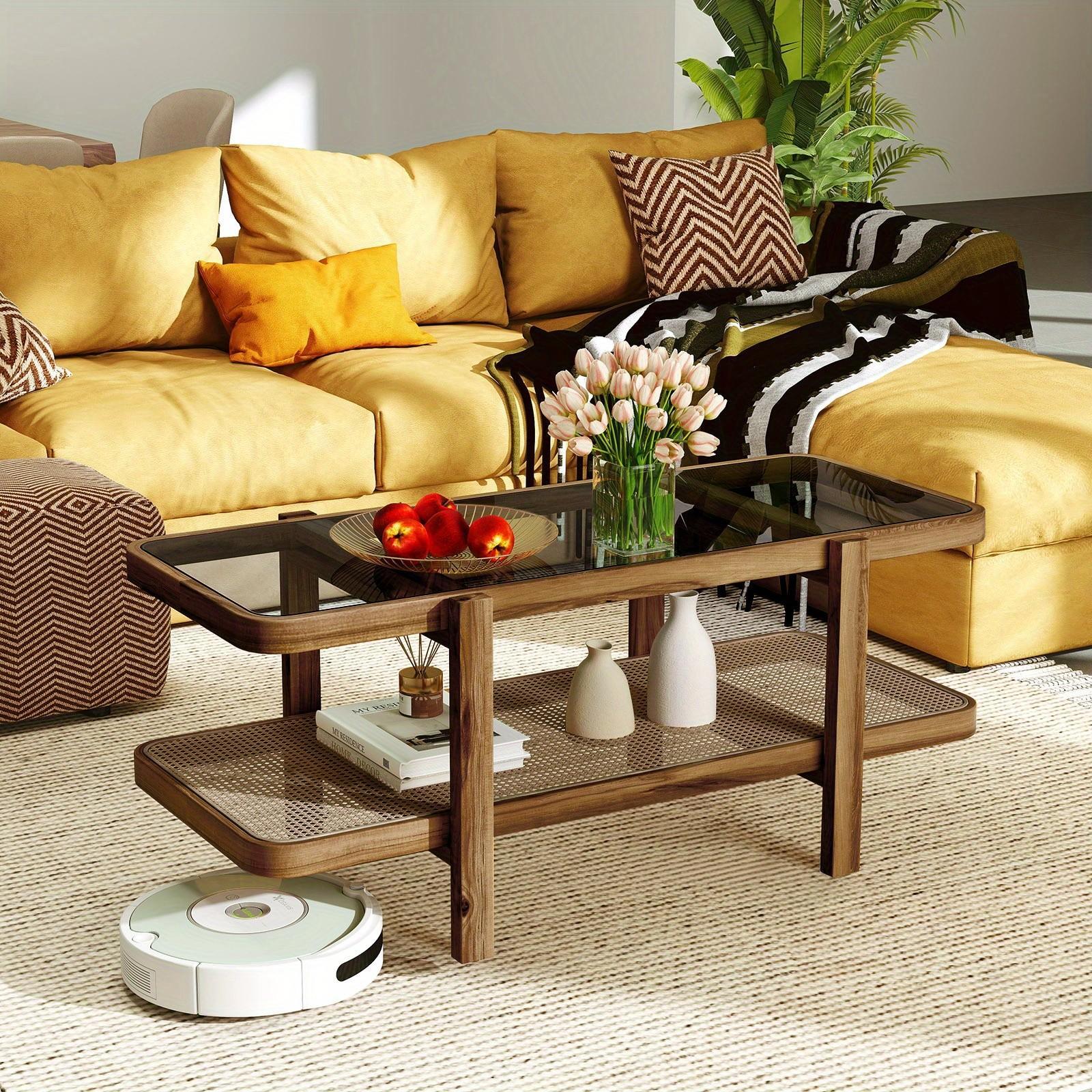 2-Tier Coffee Table with Storage, Rustic Center Table with Tempered Glass Tabletop, PE Rattan Shelf & Acacia Wood Frame, Accent Tea Table for Living Room