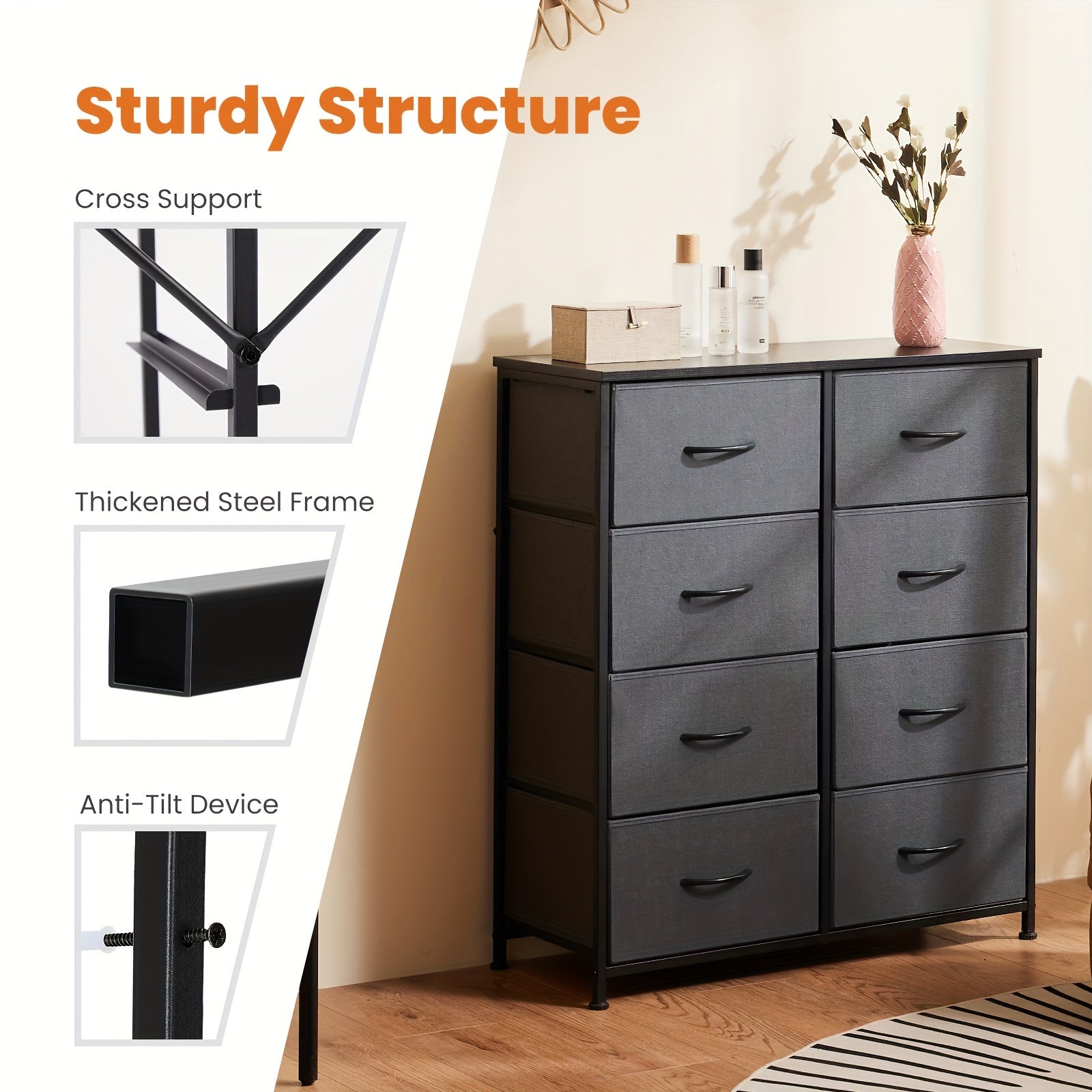 Dresser for Bedroom Drawer Organizer Storage 8 Drawers Fabric Storage Tower Chest of Drawers with Steel Frame Wood Top