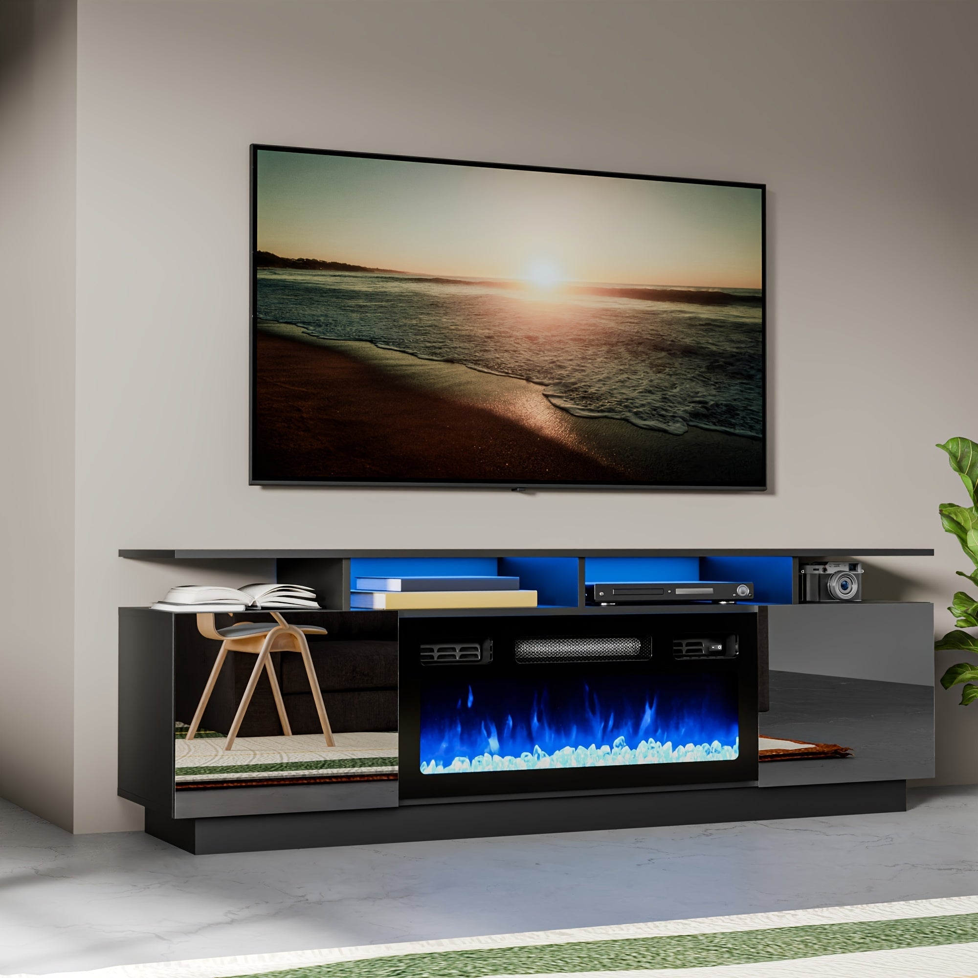 White/black Fireplace TV Stand, Smile Back Fireplace TV Cabinet For TV 60/70/75", Multicolor LED/flame Fireplace TV Stand With Charging Station For Living Room, Bedroom, Partty, Gift