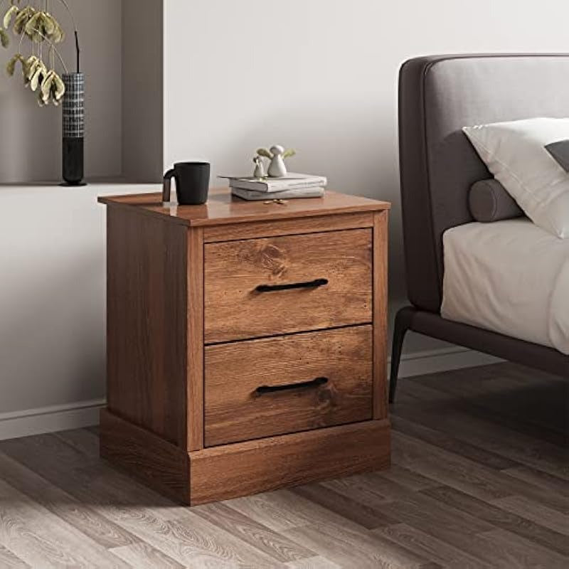 Farmhouse Nightstand Wood Bedside Table Storage Drawers Compact Floor Night Stand End Table Walnut Accent Sofa Side Table for Bedroom