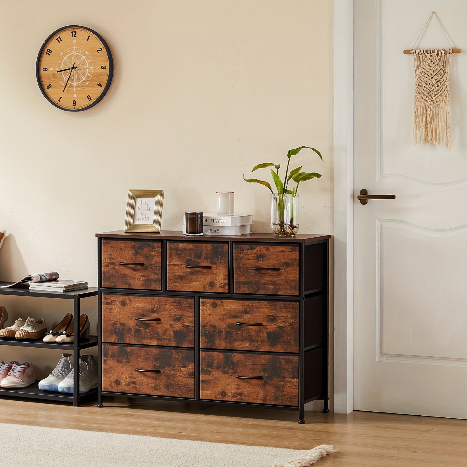 Wide Fabric Dresser 7 Drawer Dresser TV Stand For 45’’ TV Dressers Bedroom Furniture Large Storage Tower Unit