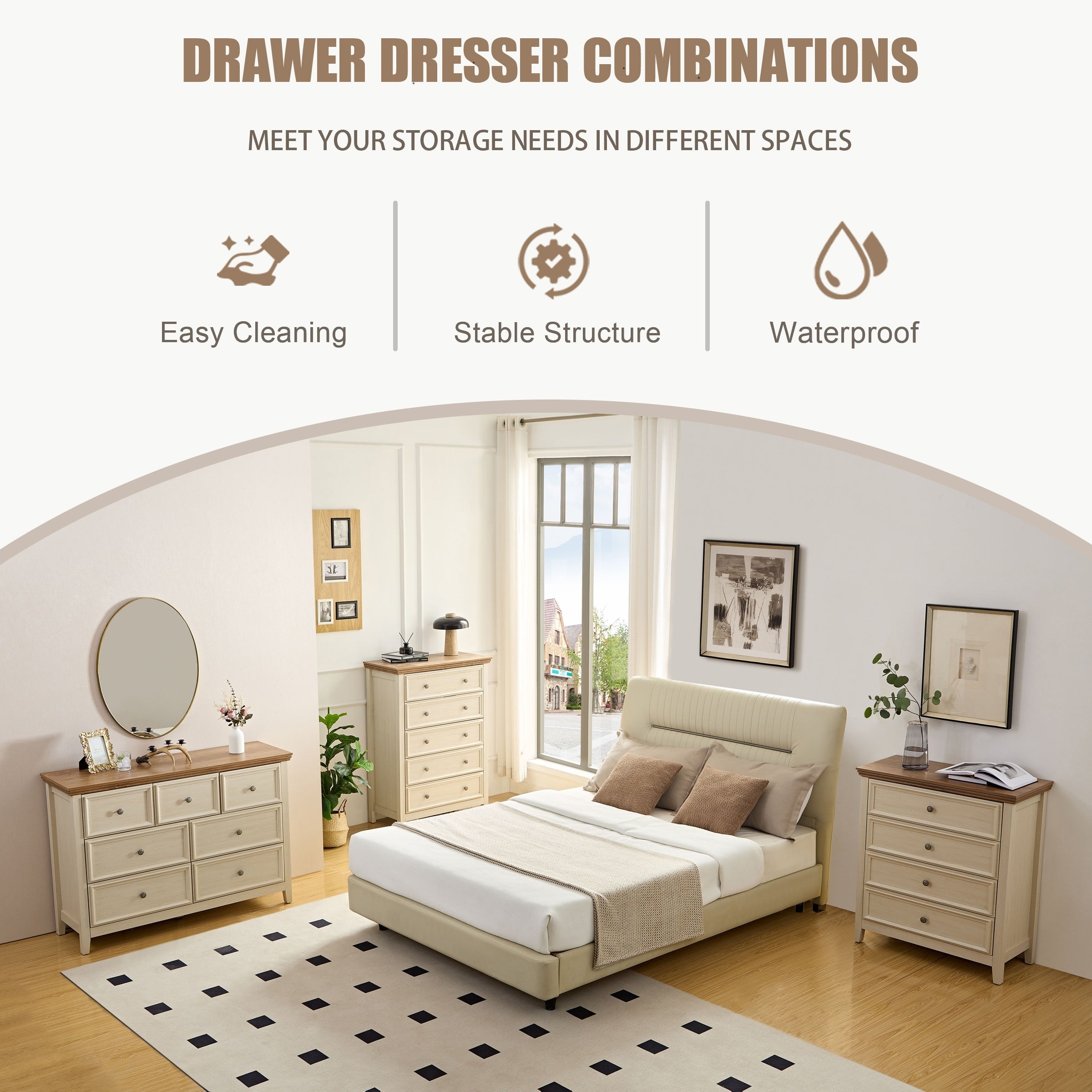 Dresser For Bedroom With 6 Drawers 5 Drawer Tall Chest Of Drawers For Bedroom Beige Wood Modern Storage Cabinet With 7