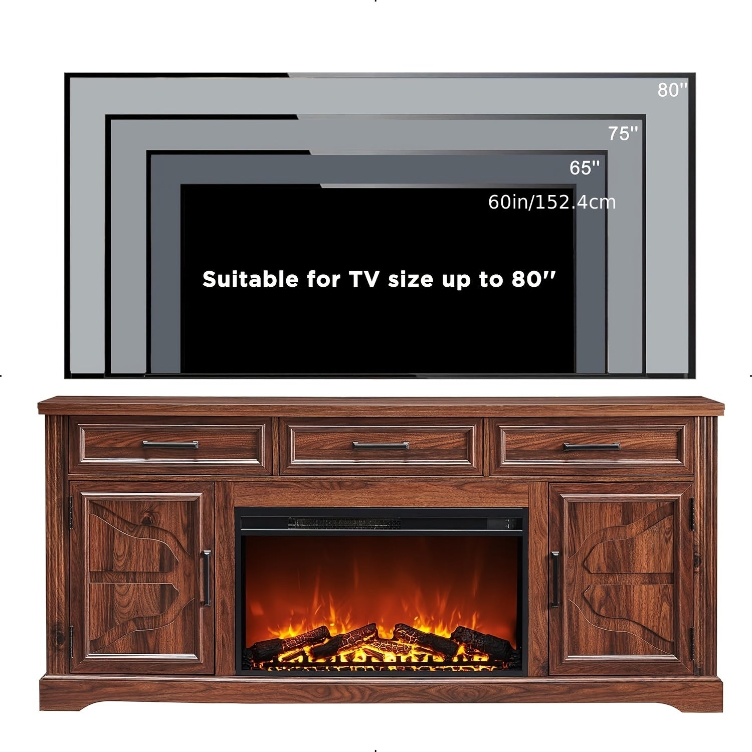 Farmhouse Fireplace TV Stand For Up To 80 Inch TV, Entertainment Center With 30" Electric Fireplace For 65 75 Inch TV, 70" TV Stand With Storage Cabinet Drawer For Living Room