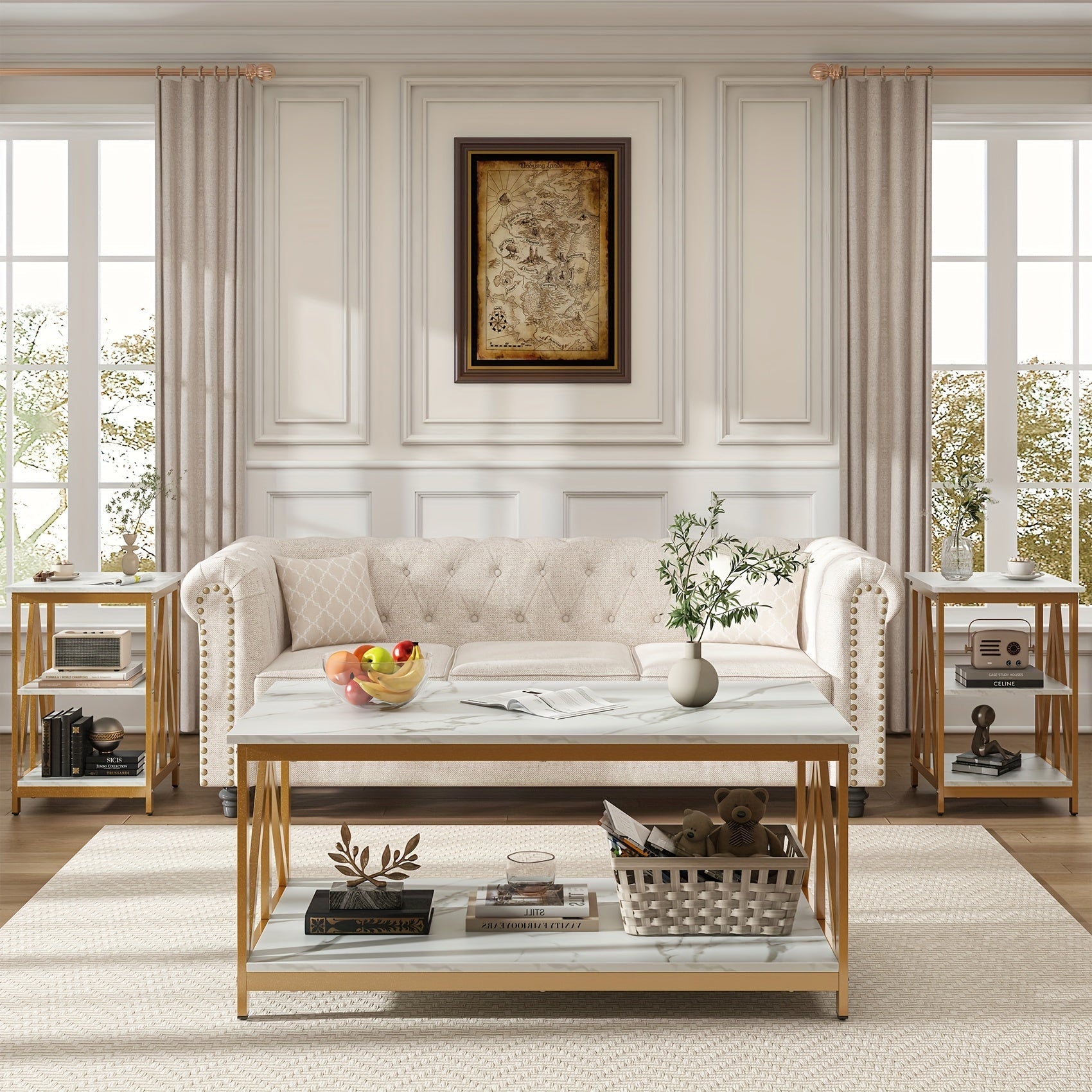 3-Piece Table Set Includes Coffee Table& Two End Tables, For Living Room, Bedroom, Wooden Top And Metal Frame, Marble White