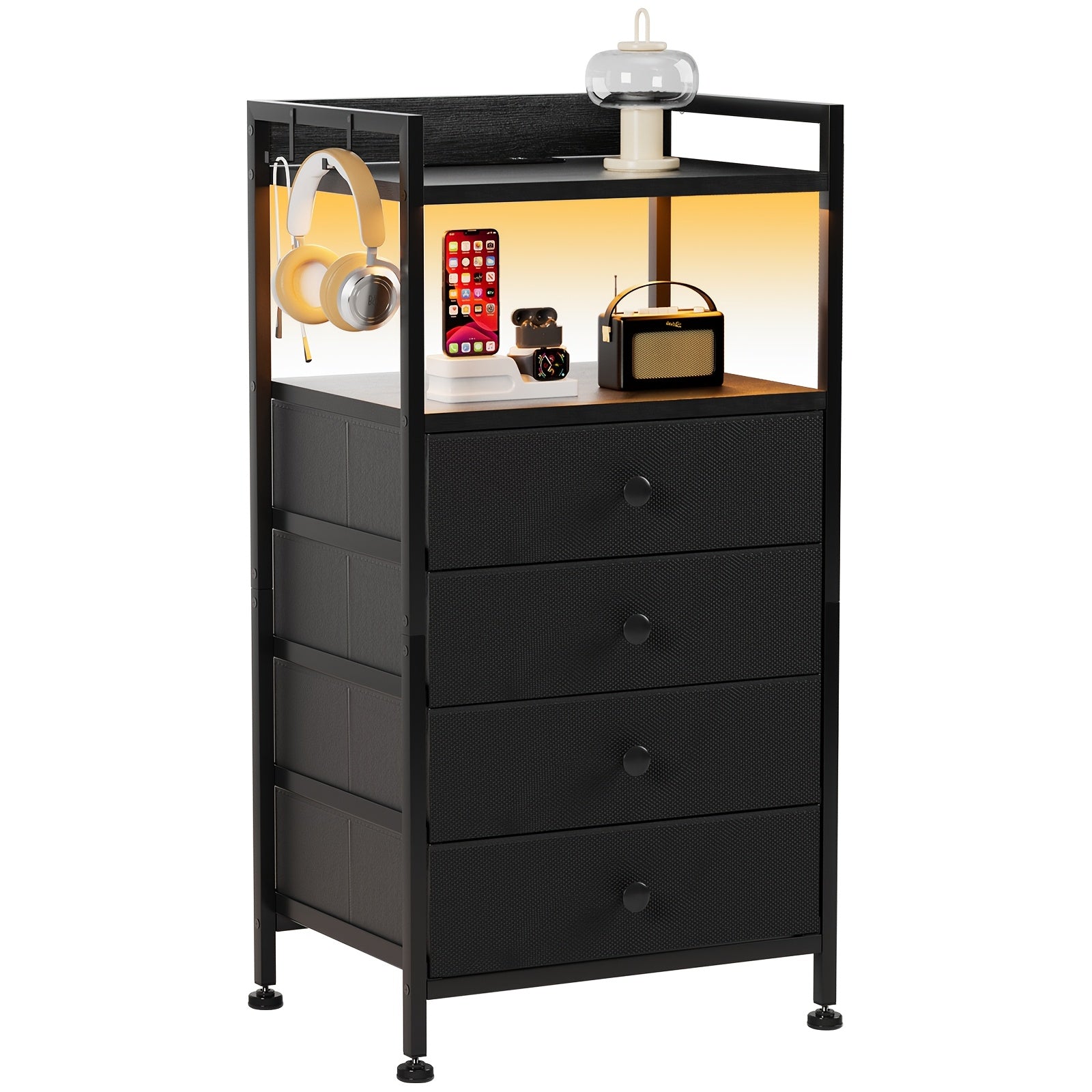 Black Nightstand With Charging Station, LED Nightstand With 4 Fabric Storage Drawers, Small Dresser For Entryway, Hallway, Bedroom, College Dorm Furniture Tall Nightstand Bedside Table