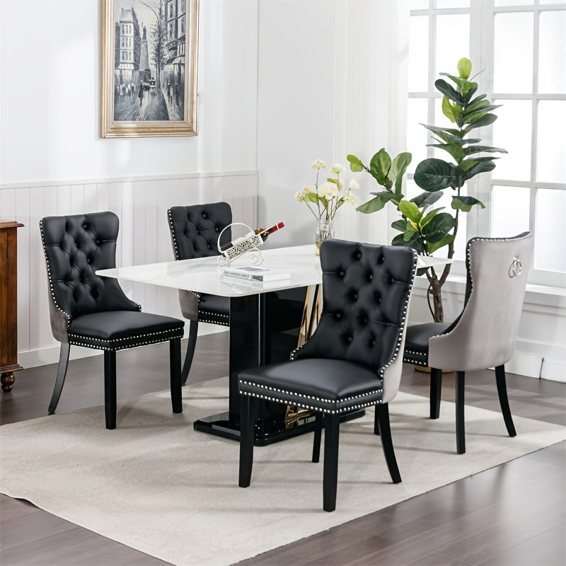 Modern Plush Dining Chair - Two Piece Set, Black And Grey Velvet/PU Wooden Legs, A&A Furniture Nikki Collection