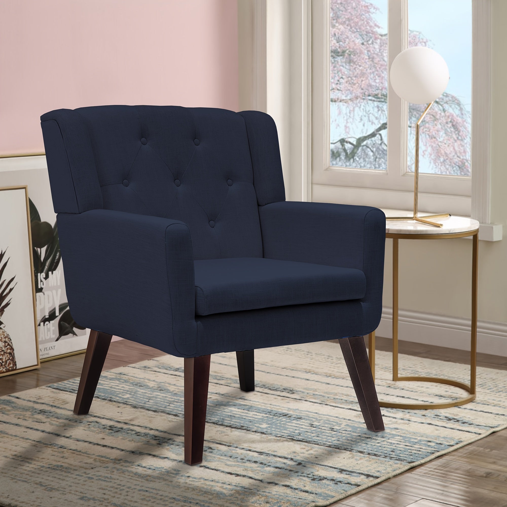 Single Lounge Chair Accent Chair with Arms, Upholstered Living Room Sofa Chair, Modern Cozy Armchair with Pin Decor on Backrest and Wood Legs