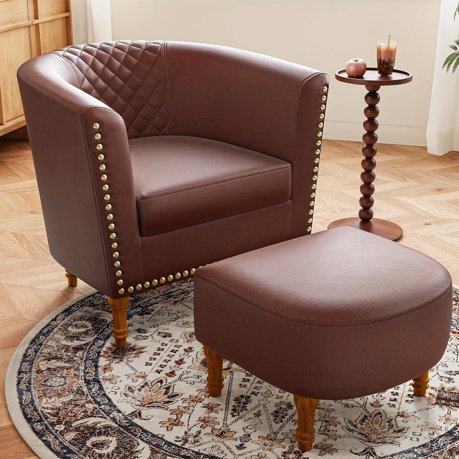 Barrel Chair With Ottoman, Accent Chair, Faux Leather Armchair Club Chair With Soft Cushion & Solid Wood Legs For Living Room, Bedroom