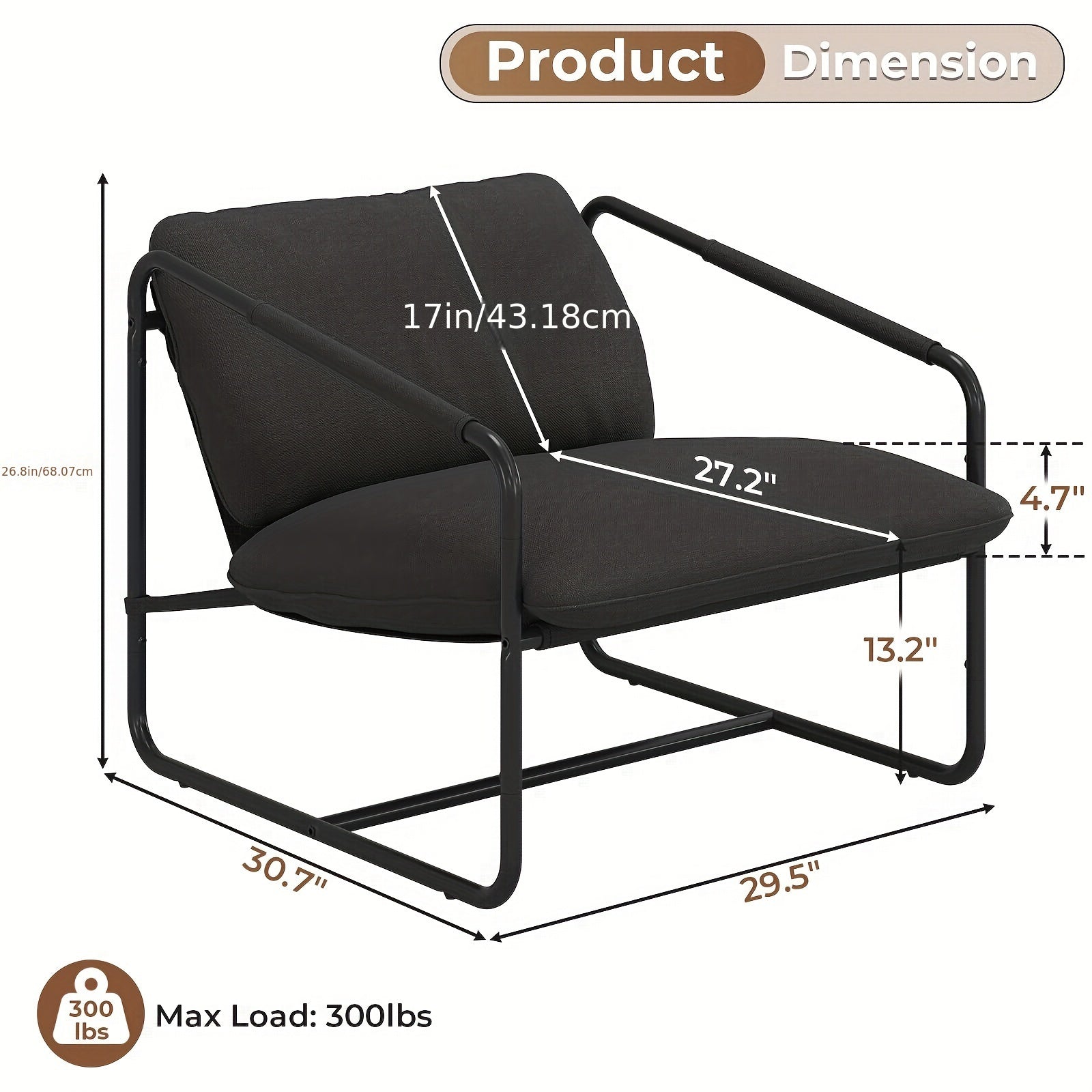 1pc Black Modern Metal Frame Armchair with Cushion, Leisure Chair for Living Room Bedroom Balcony Studio, Sling Accent Chair