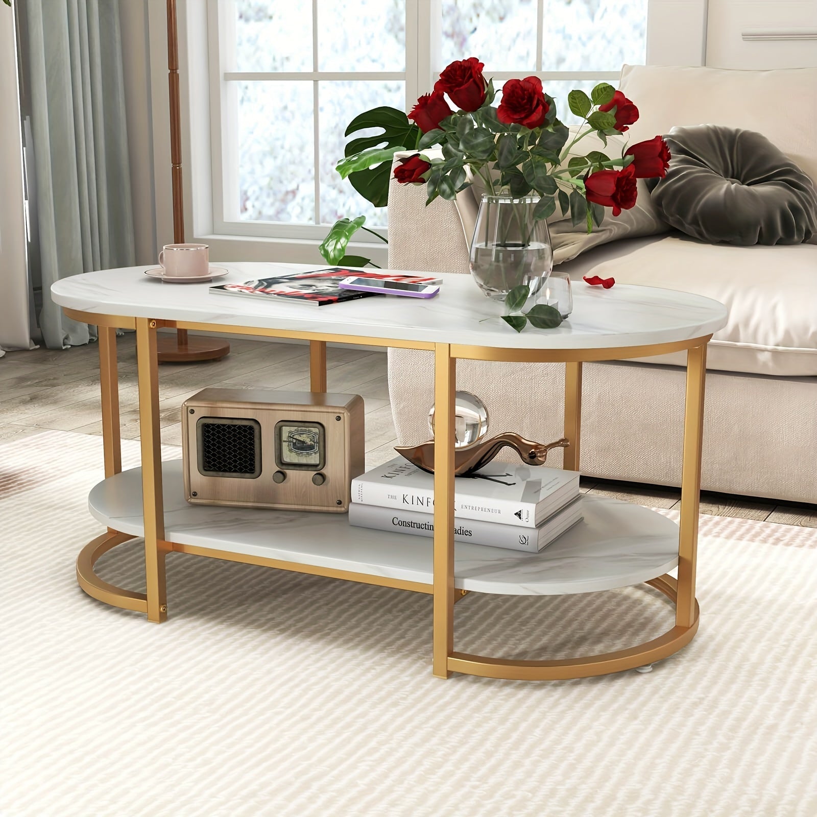 1pc White Marble Coffee Table, Modern 2-Tier Center Table With Metal Frame And Open Storage Shelf, 39x20x18 Inches, For Contemporary Living Room Decor