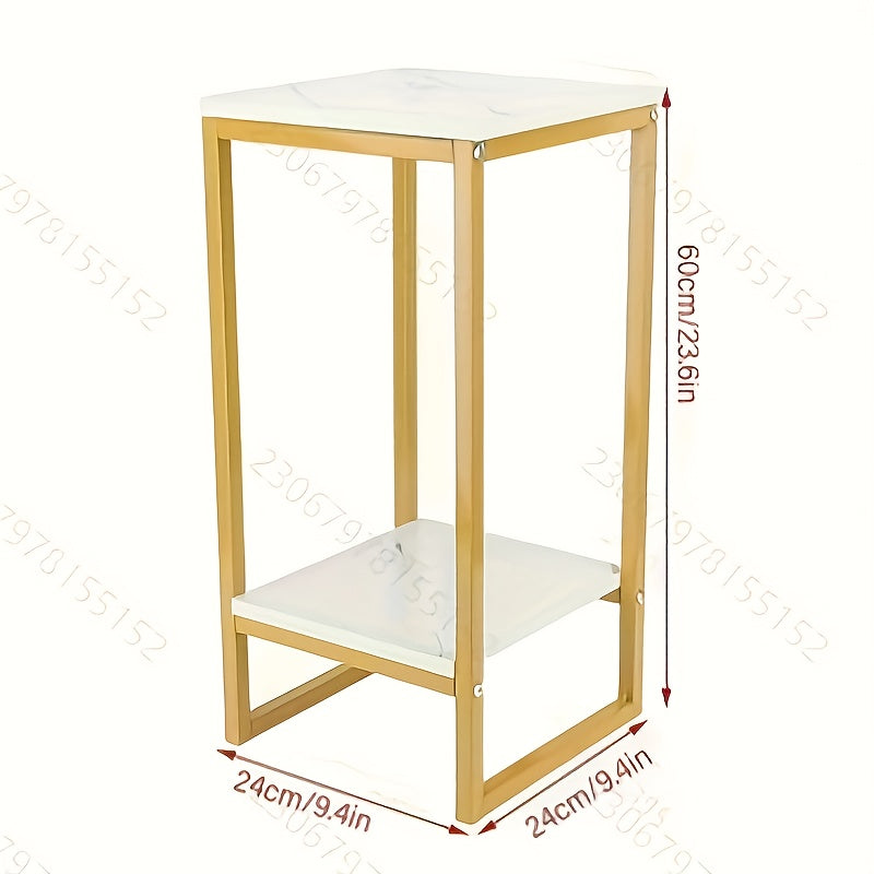 2-Tier Geometric Metal Plant Stand, Indoor Square Flower Holder with Multiple Shelves, Classic Design for Home Decor and Garden Display, Sturdy Golden Frame, White Ceramic Vase Included