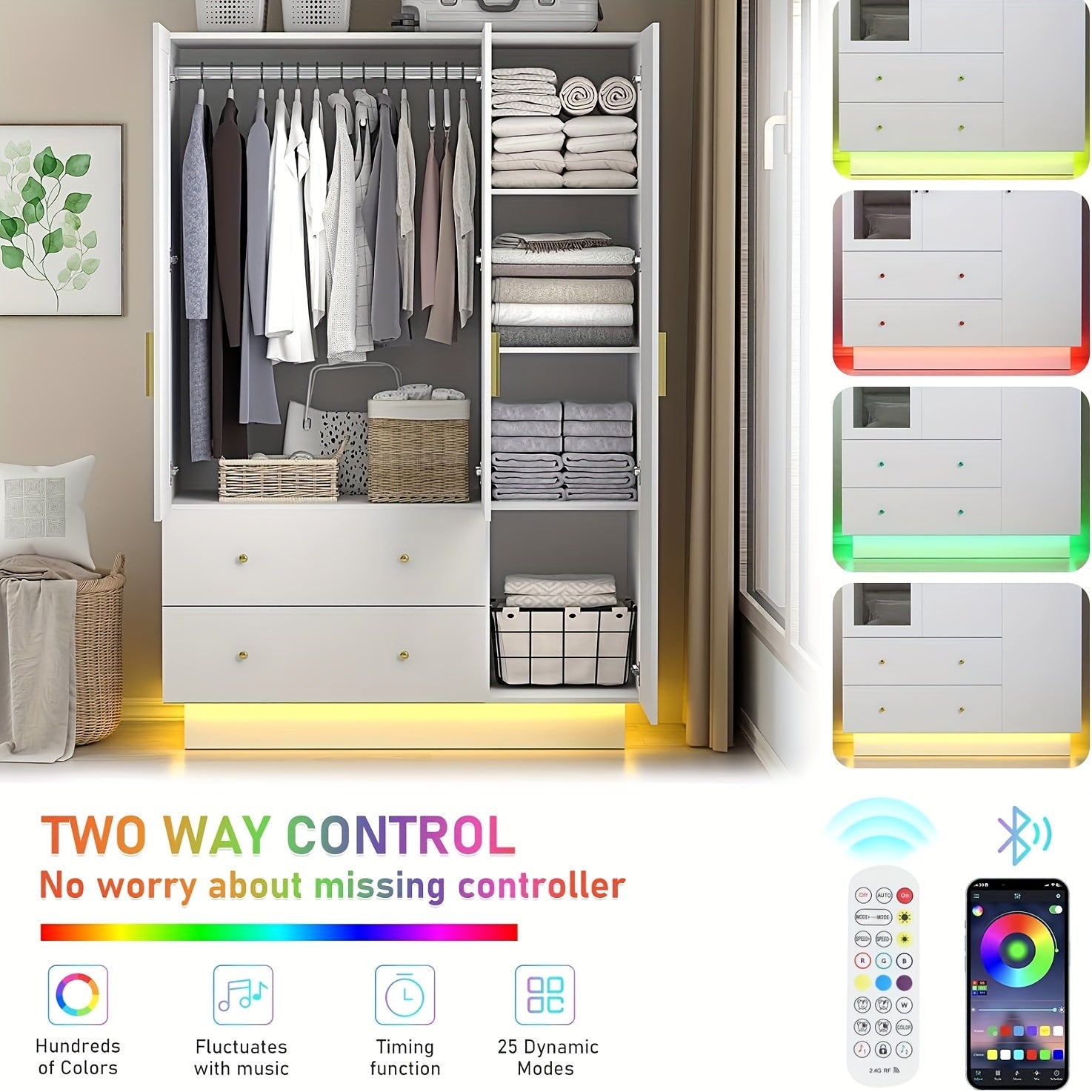 3 Door Wardrobe Closet With Mirror & LED Lights Bedroom Armoire With Drawers & Shelves Modern Wooden Armoire Wardrobe