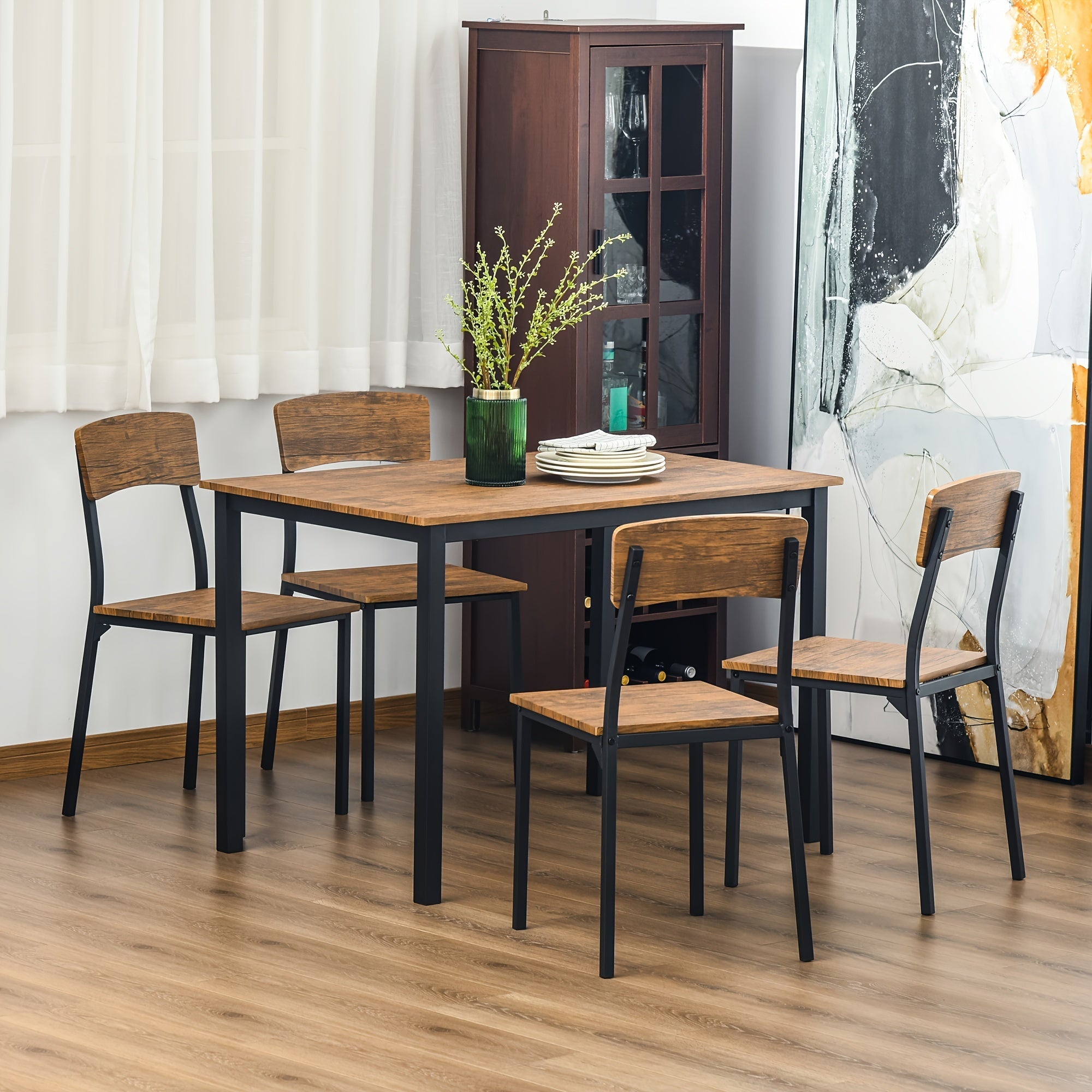 5 Piece Industrial Dining Table Set for 4, Rectangular Kitchen Table and Chairs, Dining Room Set for Small Space