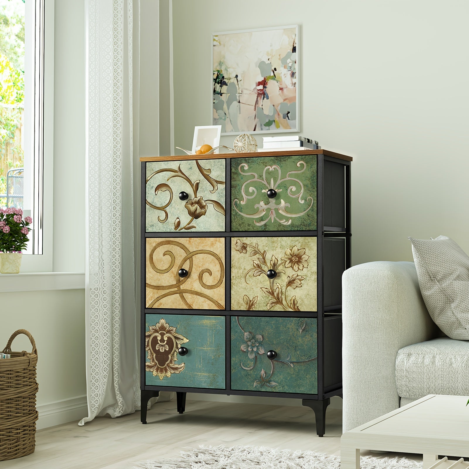 Dresser with 6 Drawers Tall Storage Dresser for Bedroom Modern Chest of Drawers for Closet Living Room Nursery Wood Top