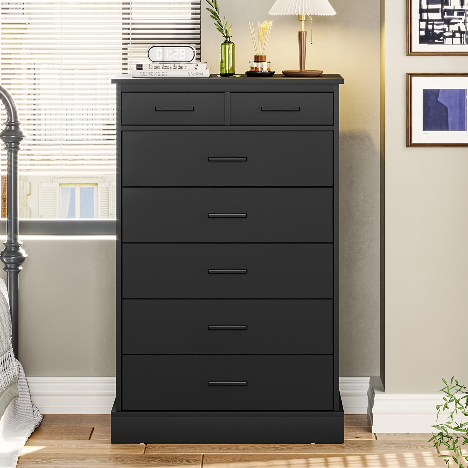 44'' Tall Dresser With 7 Drawers For Bedroom, Storage Tower Clothes Organizer, Large Chest Of Drawers With Sturdy Pedestal, 27.6'' W X 15.8'' D X 44.1'' H (Black/White)