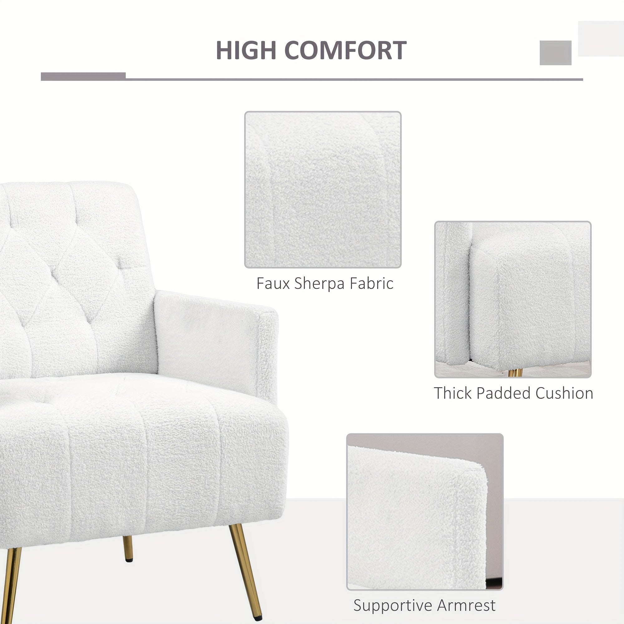 Modern Sherpa Accent Chair, Upholstered Tufted Armchair with Golden Steel Legs, Fabric Reading Chair, Comfy Living Room Chairs, White