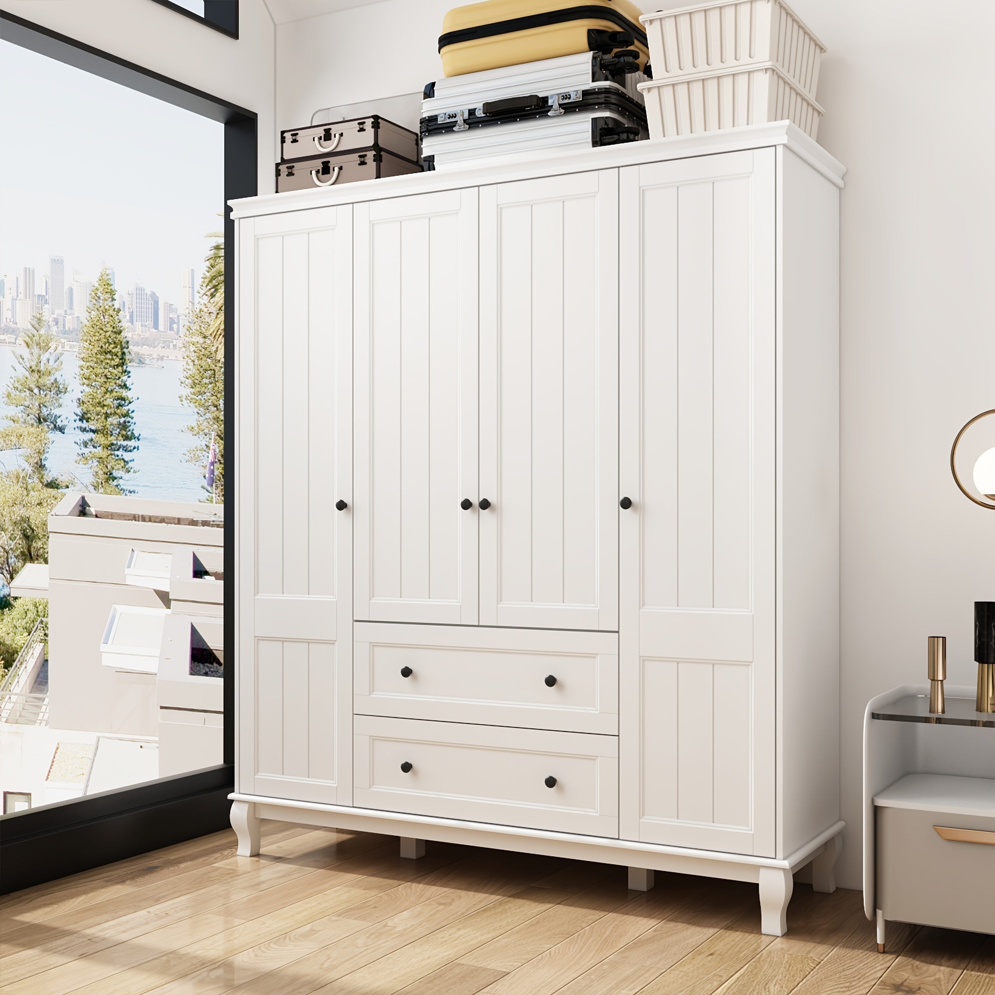 Spacious Modern White Wooden Wardrobe Armoire with 4 Doors & 2 Drawers - Elegant Storage Solution for Bedroom, Features Hanging Rods & Decorative Top Space, Durable MDF Construction