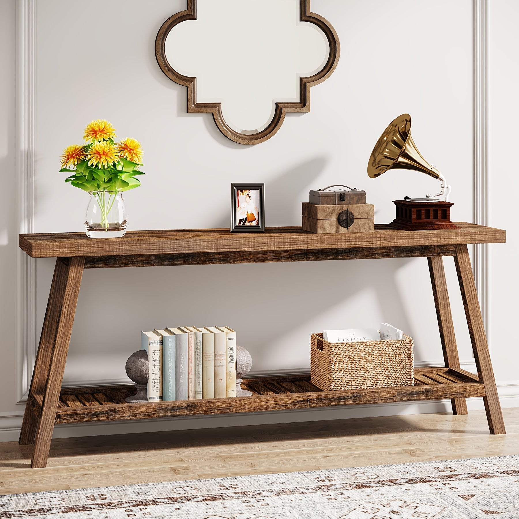 Chic Rustic Brown Farmhouse Console Table - 70.9" Long, 2-Tier Narrow Design with Ample Storage, Durable Engineered Wood Construction, Perfect for Entryway, Hallway, Living Room, or Bedroom Decor, Living Room Decor|Elegant Co