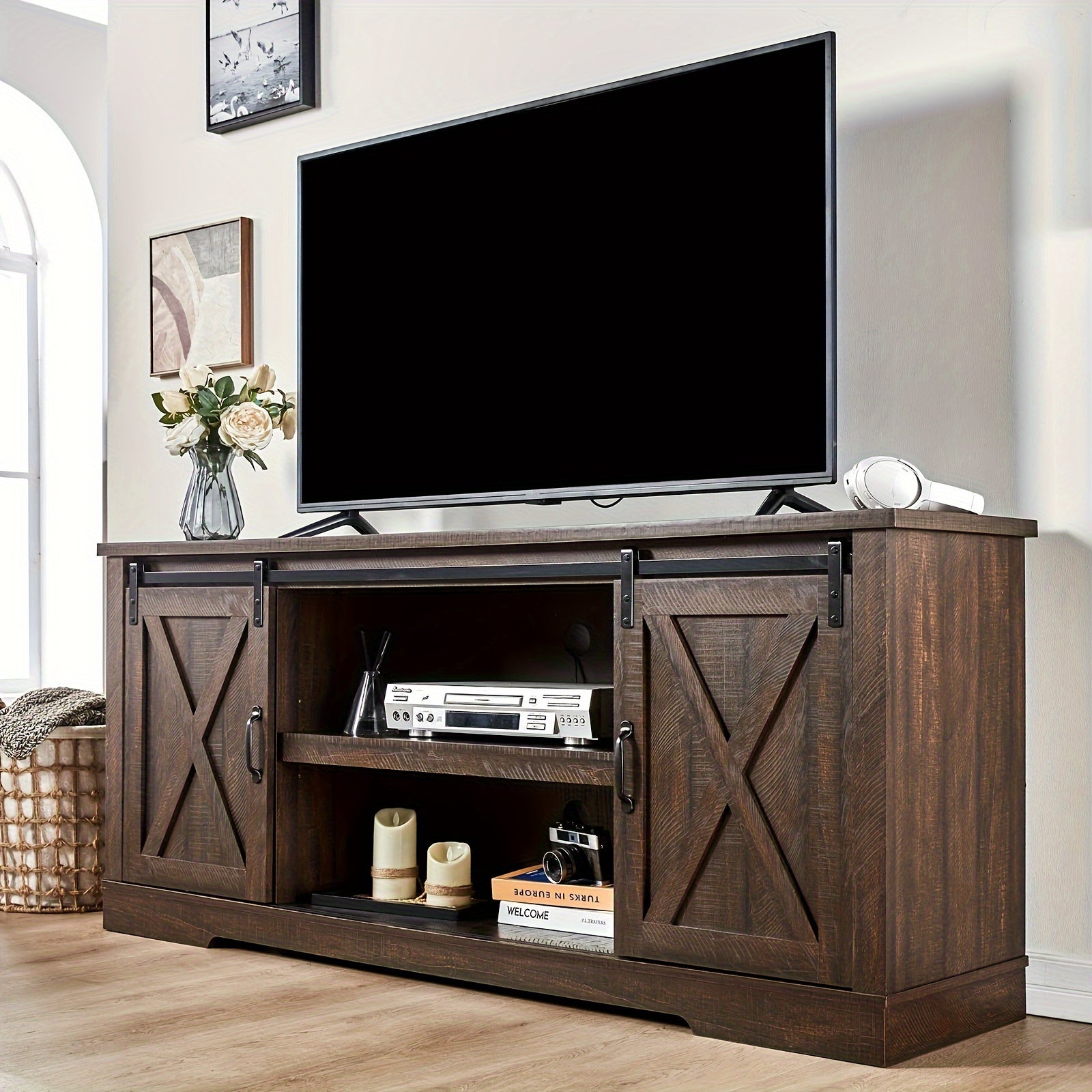 66" Farmhouse TV Stand for 75" TVs, Entertainment Center with Sliding Barn Doors, Adjustable Shelves and Feet, Storage Console Table