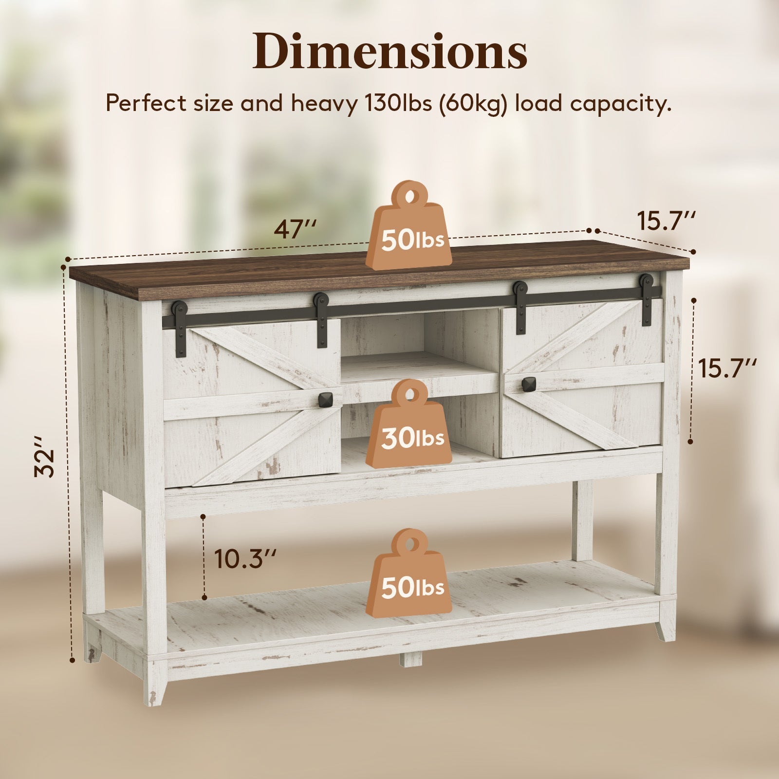 Farmhouse Entryway Table with Adjustable Shelf and Sliding Barn Doors, 46" Hallway Table with Bottom Open Shelf, Behind Couch Table Console Table for Entrance, Living room, Foyer, Rustic White